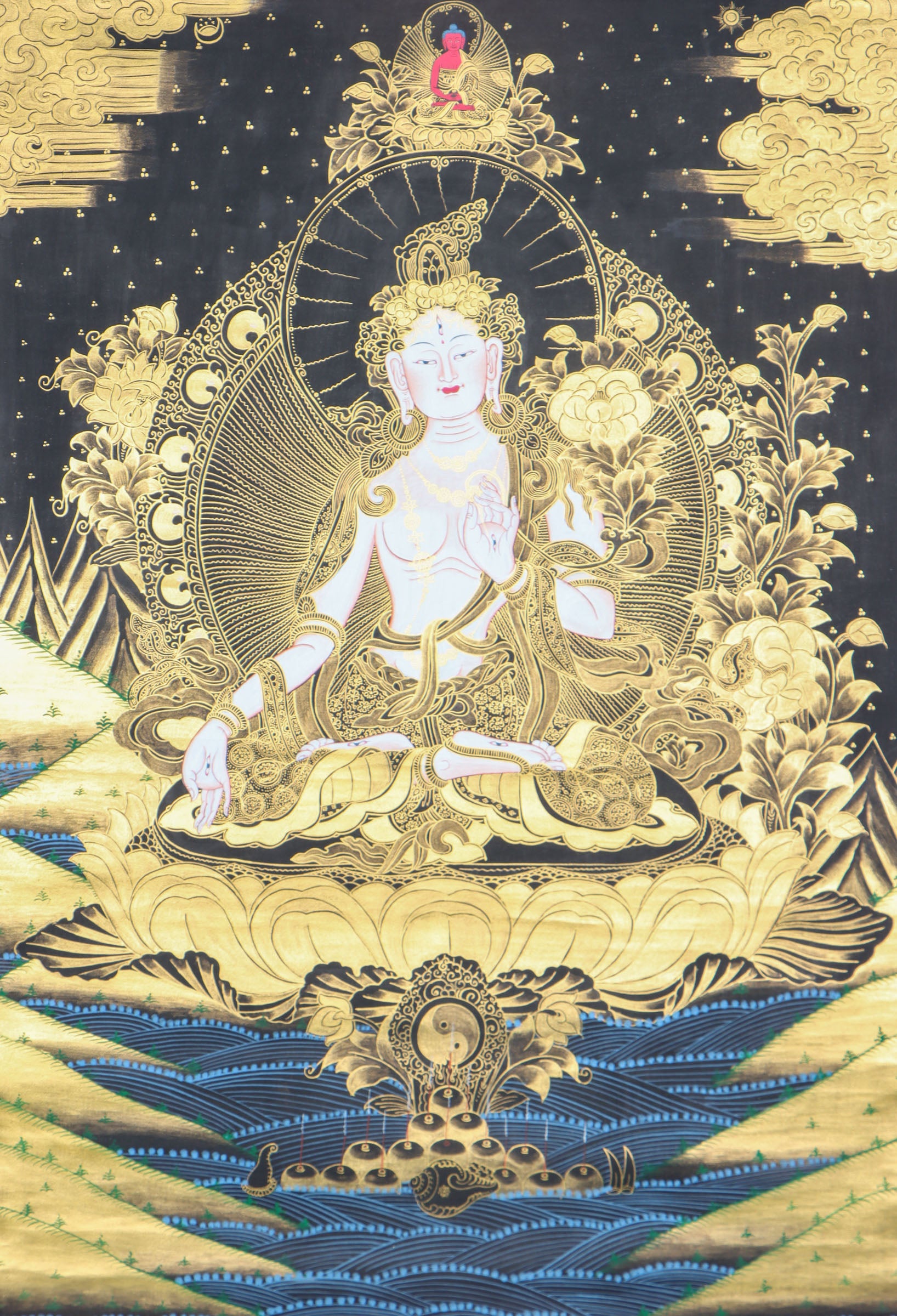 This White Tara Thangka Painting is a powerful tool for enhancing the peace and healing atmosphere in meditation rooms