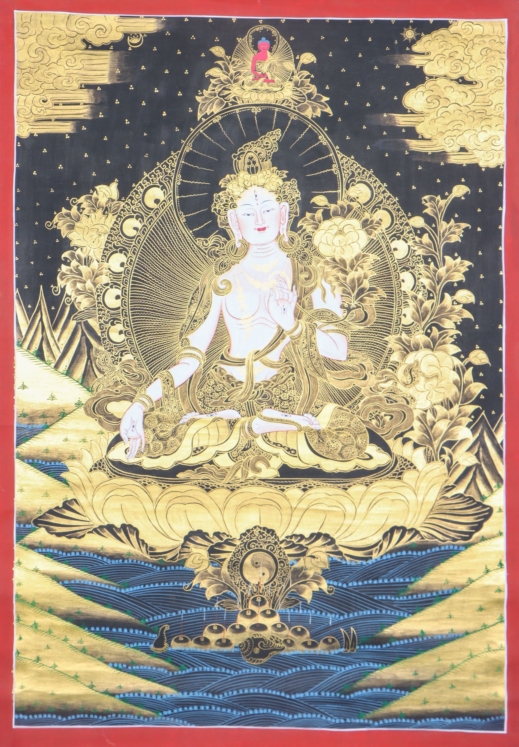 This White Tara Thangka Painting is a powerful tool for enhancing the peace and healing atmosphere in meditation rooms