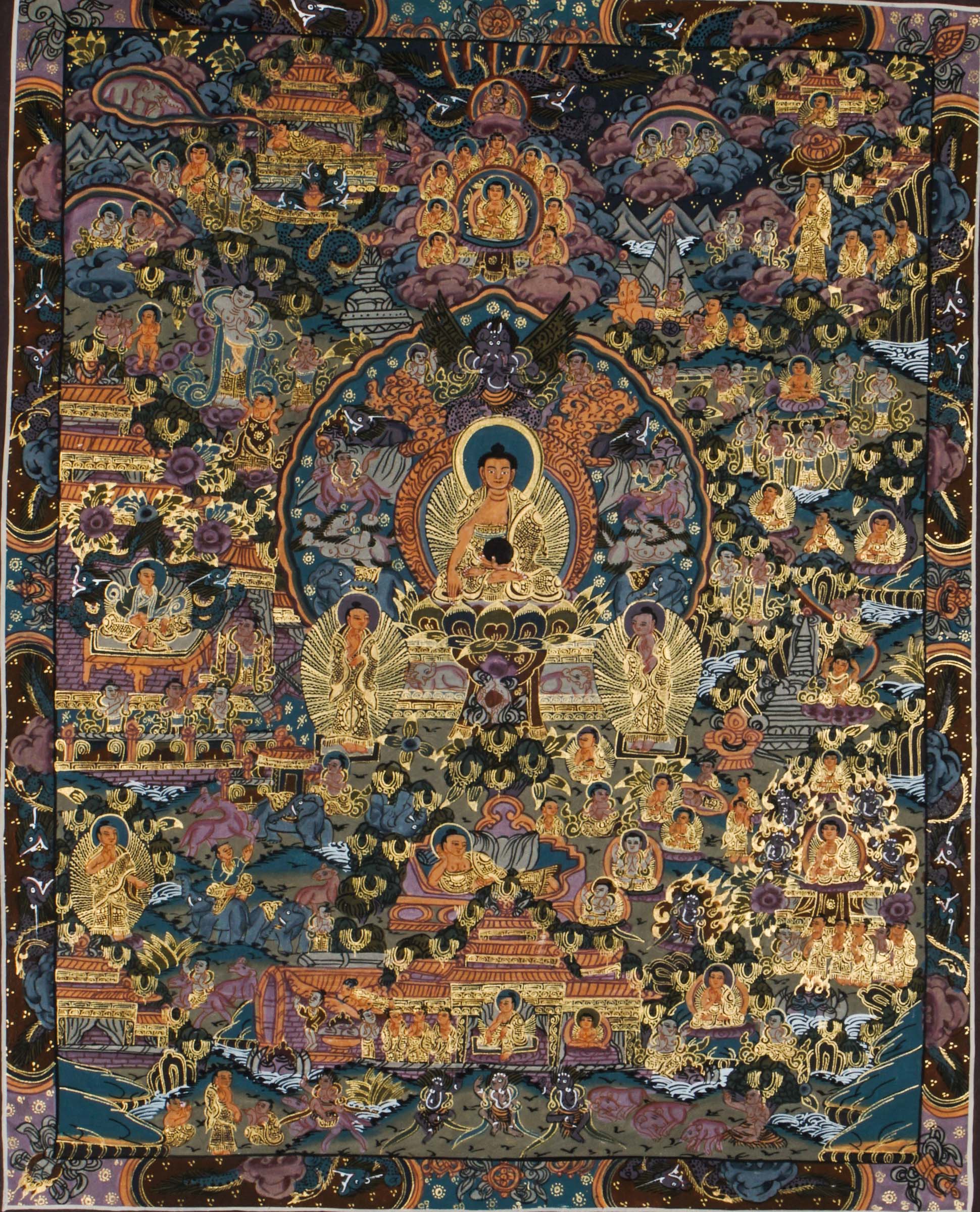 Tibetan Thangka painting depicting Buddha's life story - birth, enlightenment, and nirvana. Hand-painted on cotton with mineral pigments following traditional Buddhist art techniques. 