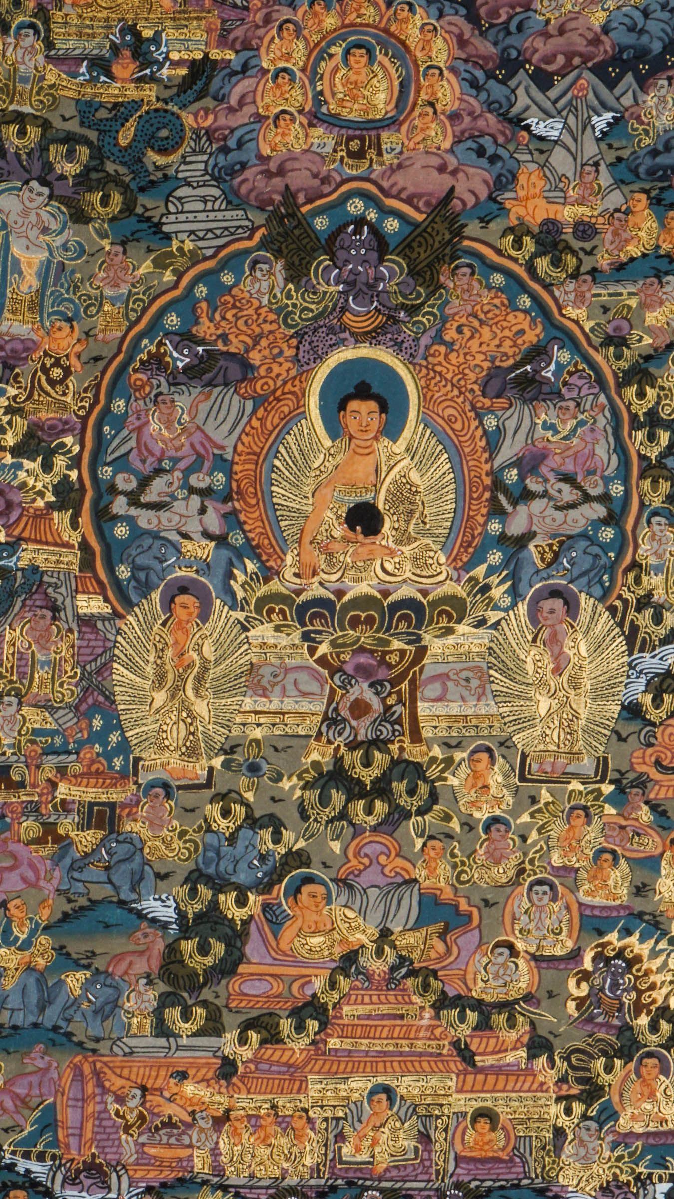 Tibetan Thangka painting depicting Buddha's life story - birth, enlightenment, and nirvana. Hand-painted on cotton with mineral pigments following traditional Buddhist art techniques. 