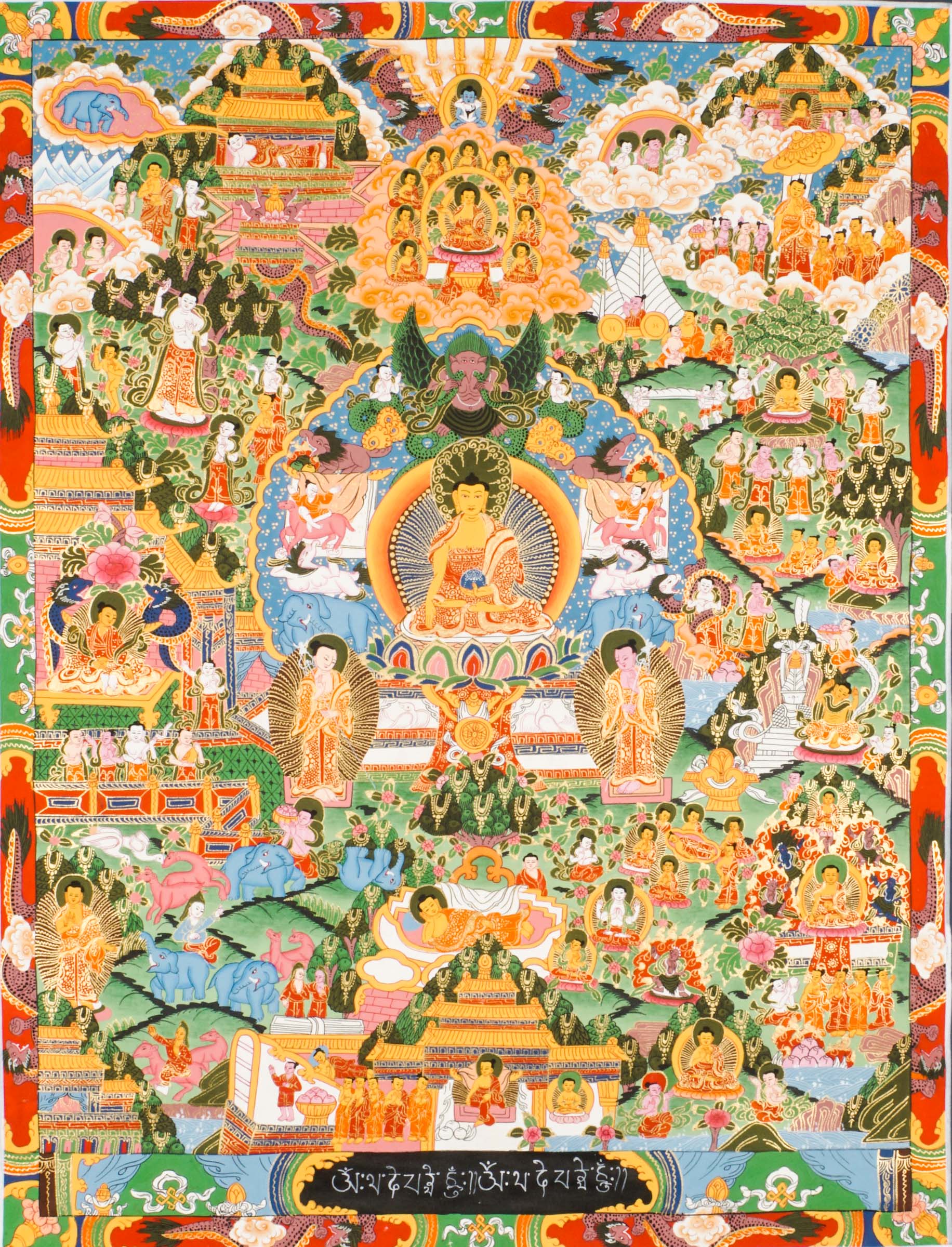 Tibetan Thangka depicting key events from Buddha's life - birth, enlightenment, and teachings. Hand-painted with natural pigments on cotton following traditional methods. Used for Buddhist study and meditation practice. 