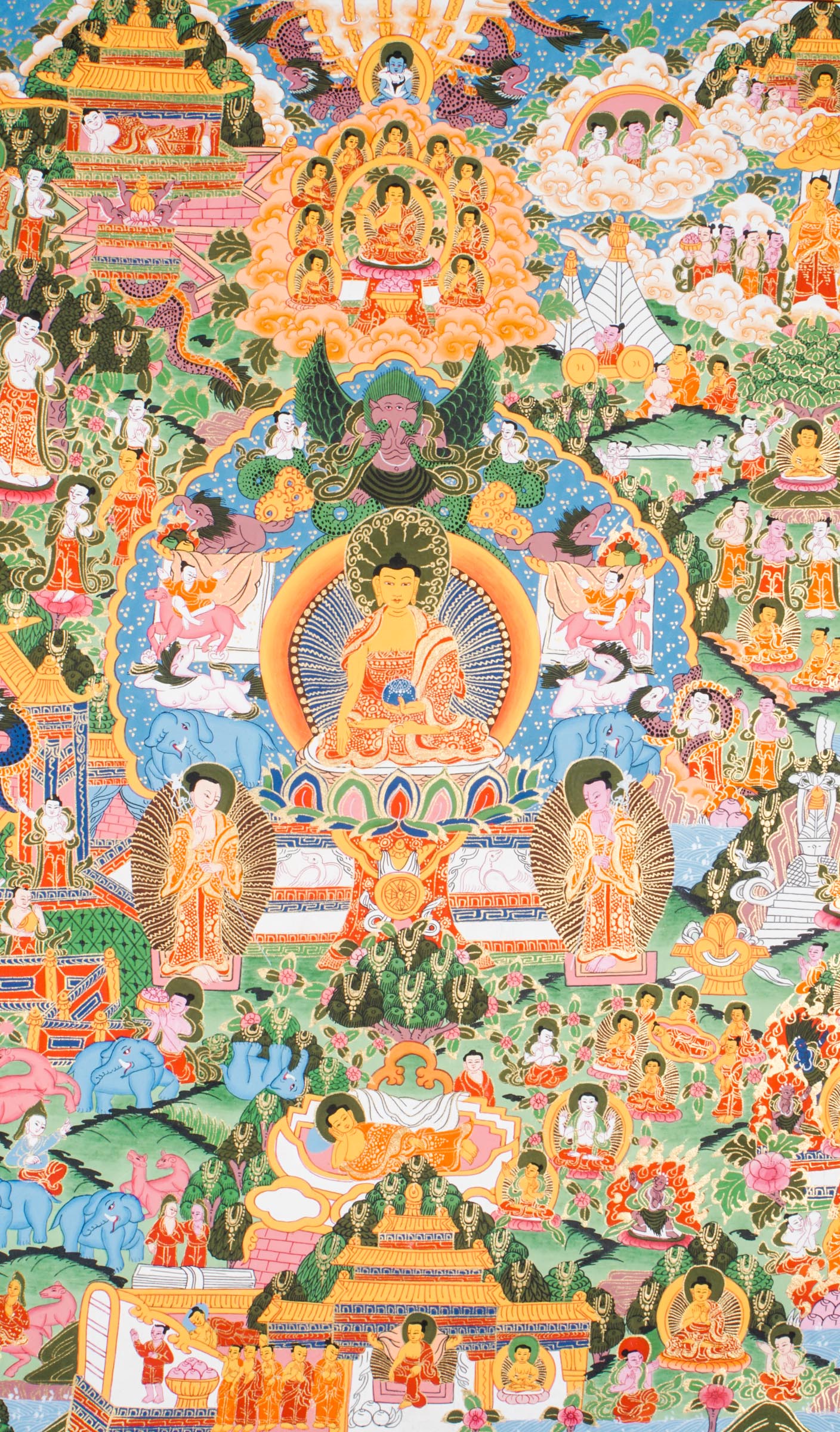 Tibetan Thangka depicting key events from Buddha's life - birth, enlightenment, and teachings. Hand-painted with natural pigments on cotton following traditional methods. Used for Buddhist study and meditation practice. 