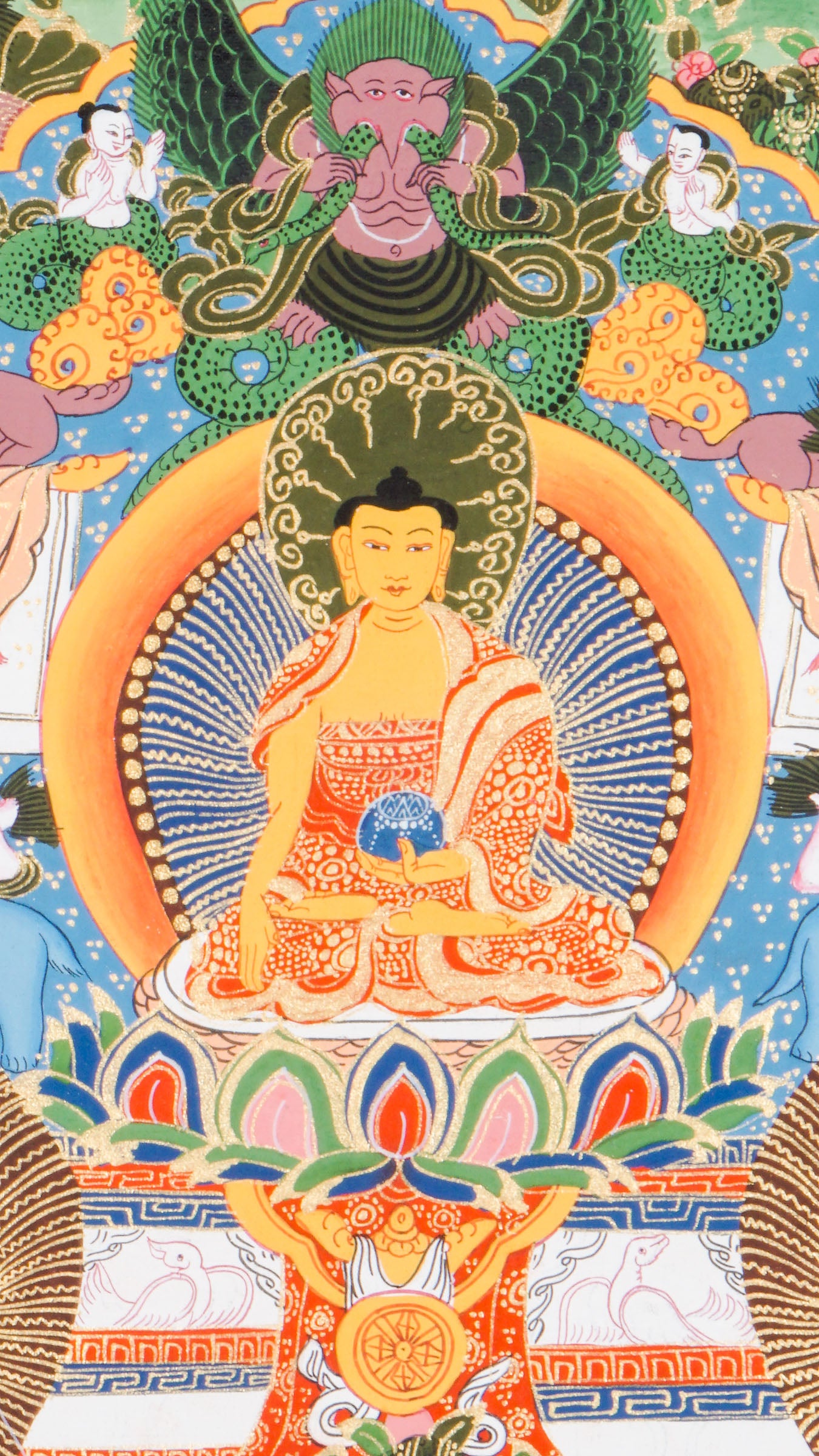 Tibetan Thangka depicting key events from Buddha's life - birth, enlightenment, and teachings. Hand-painted with natural pigments on cotton following traditional methods. Used for Buddhist study and meditation practice. 