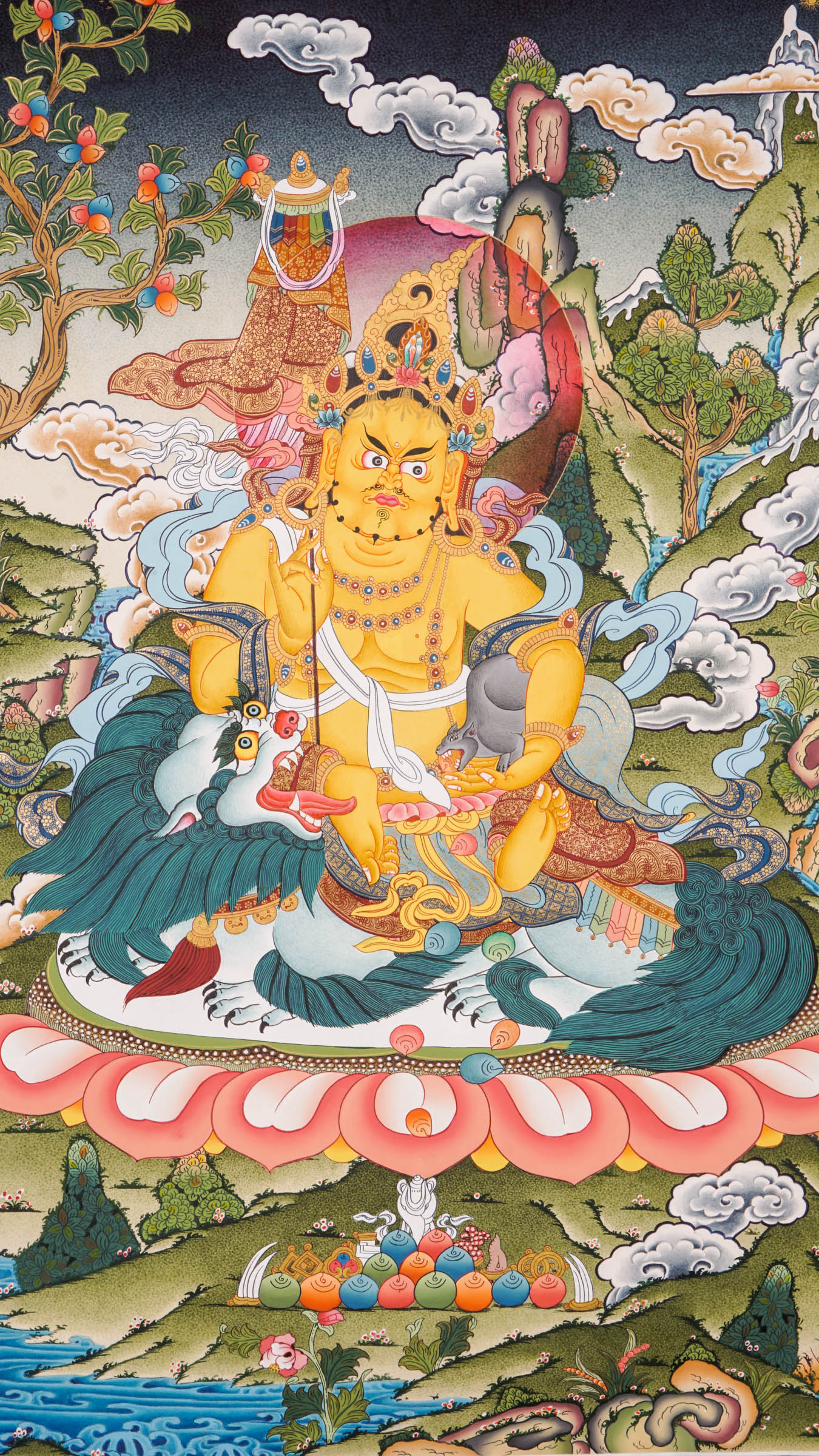 Hand-painted Lion-Faced Kubera, Singh Zambala Thangka with 24k gold and natural pigments on his wrathful form.