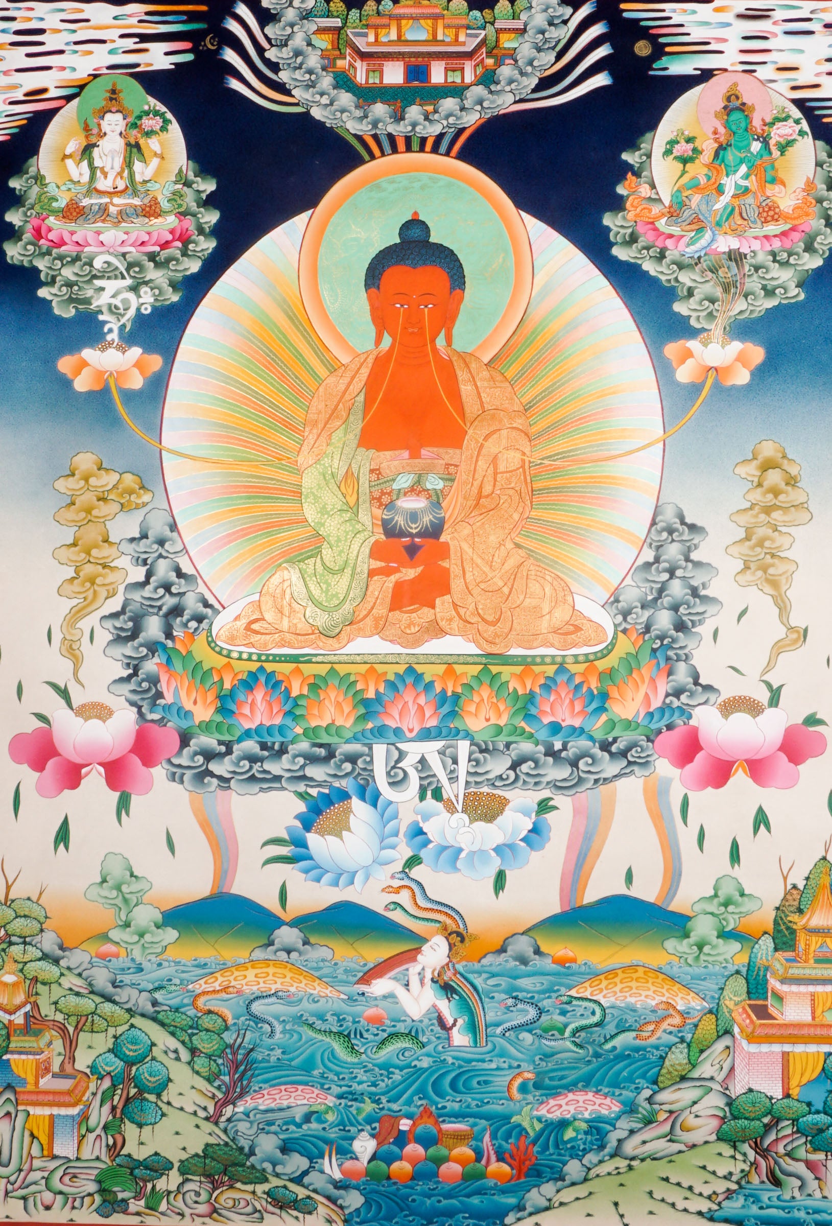 Green Tara And Chengresi from the Eye of Amitabha Buddha seated on Lotus at his paradise . High Quality Thangka Art