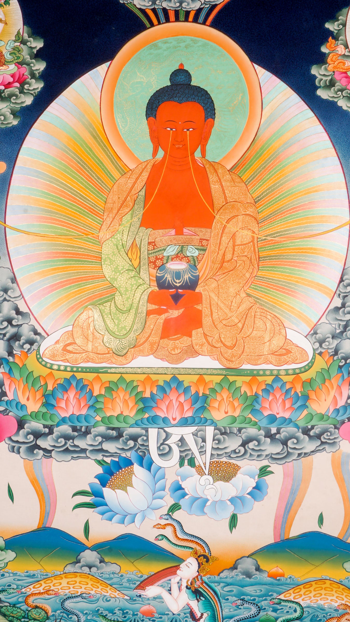 Green Tara And Chengresi from the Eye of Amitabha Buddha seated on Lotus at his paradise . High Quality Thangka Art