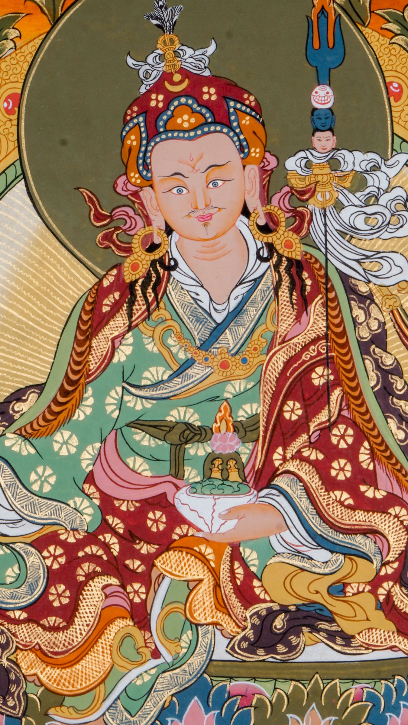 Hand-painted art Lotus-born key figure of Guru Rinpoche, Padmasambhava thangka with 24k gold and natural pigments.