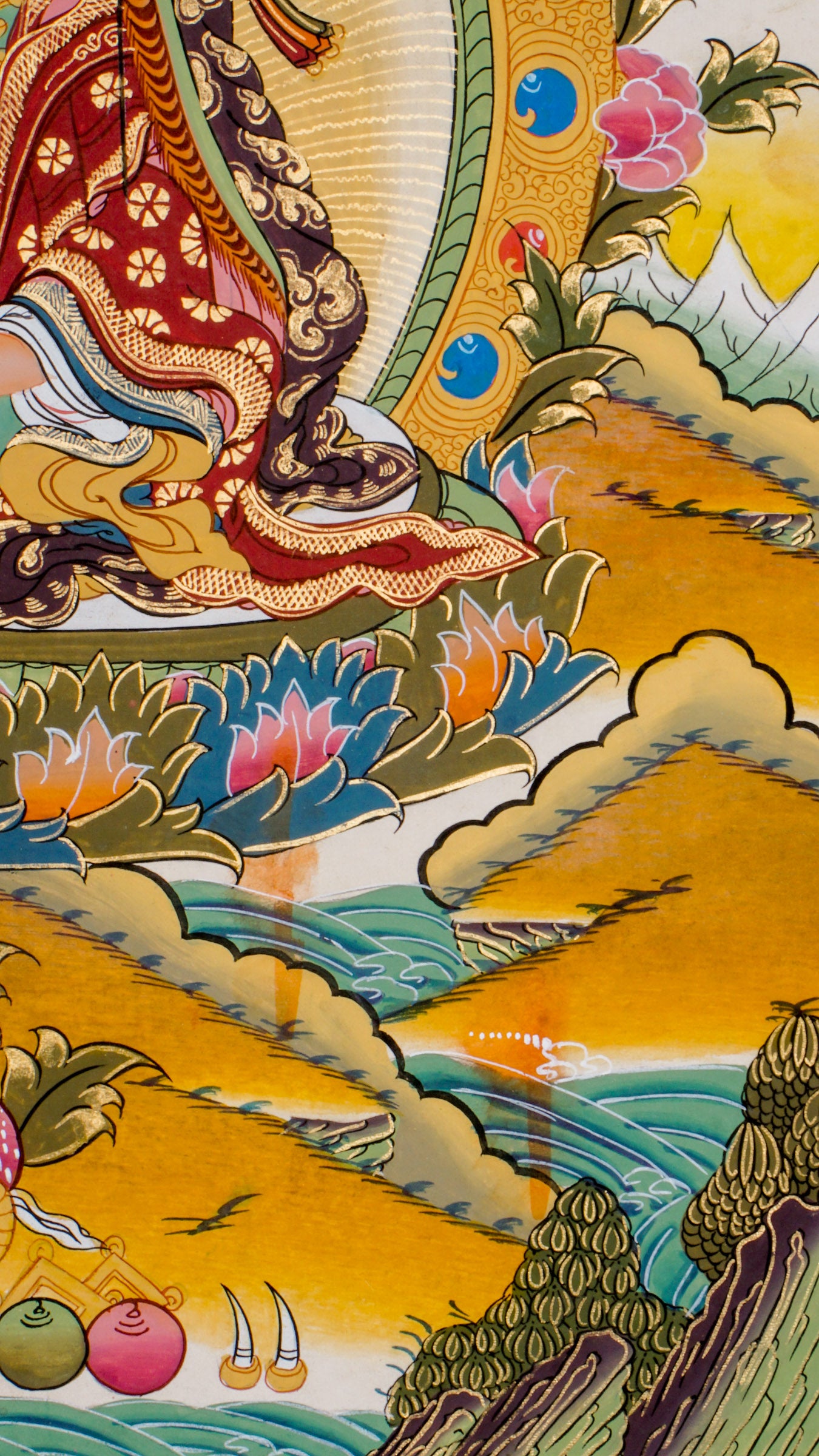 Hand-painted art Lotus-born key figure of Guru Rinpoche, Padmasambhava thangka with 24k gold and natural pigments.