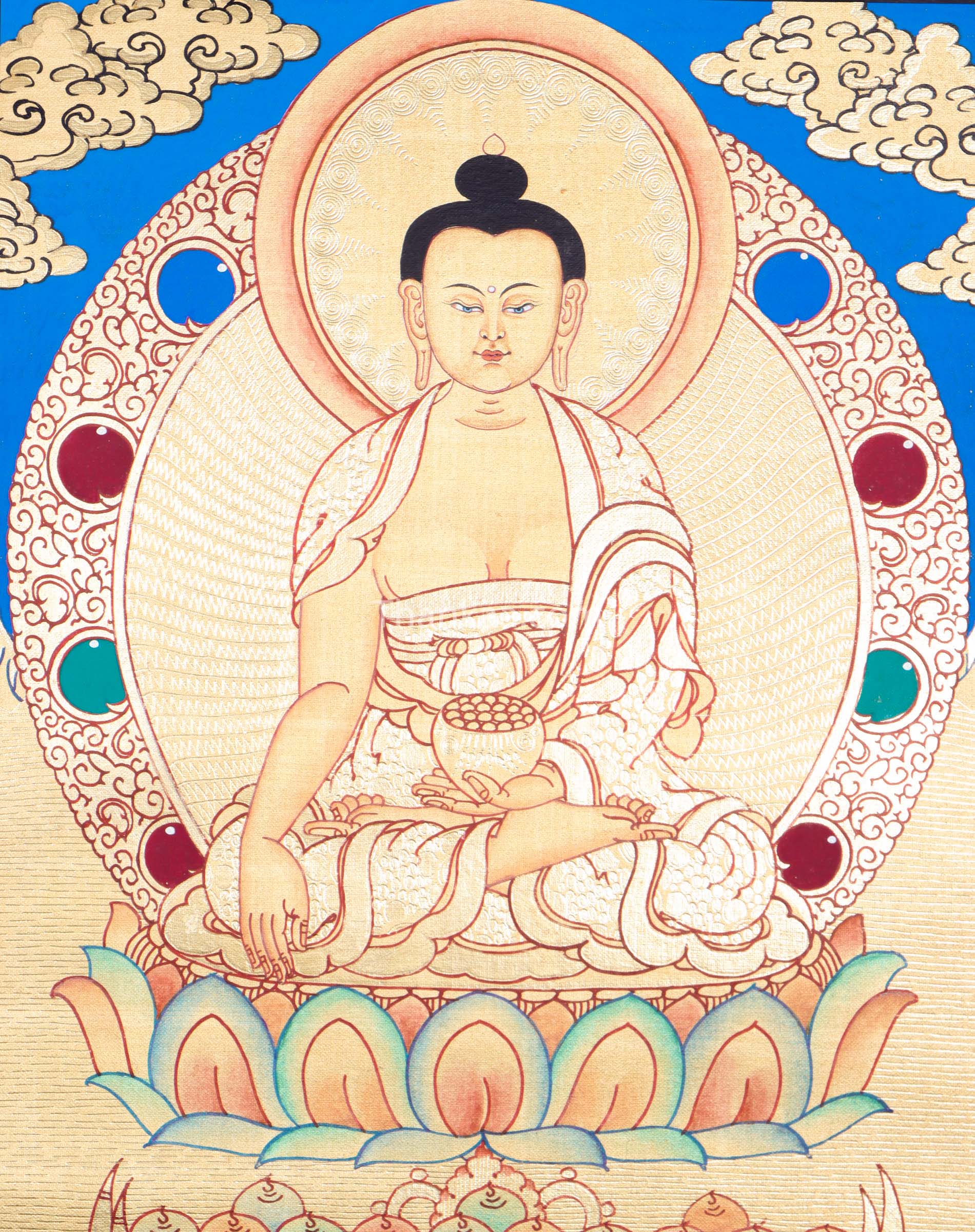 The captivating Shakyamuni Buddha and spiritaul balance. Thanka painting to find inner peace