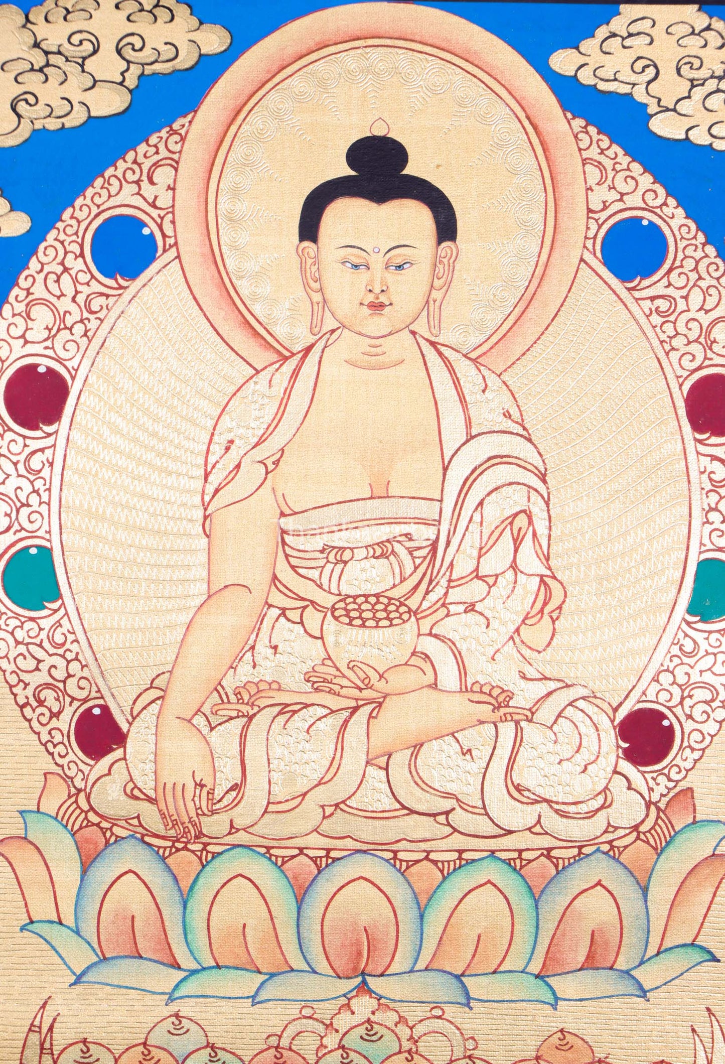 The captivating Shakyamuni Buddha and spiritaul balance. Thanka painting to find inner peace