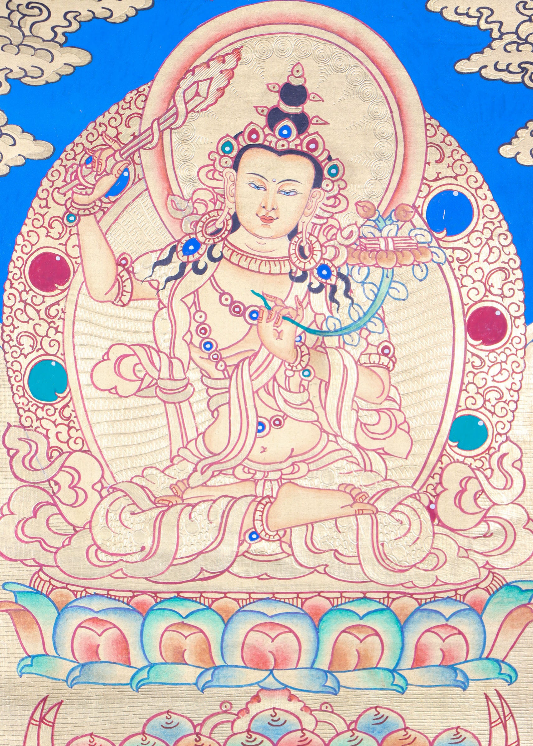 This Manjushri Thangka Painting embodies the profound wisdom and enlightenment of Manjushri,
