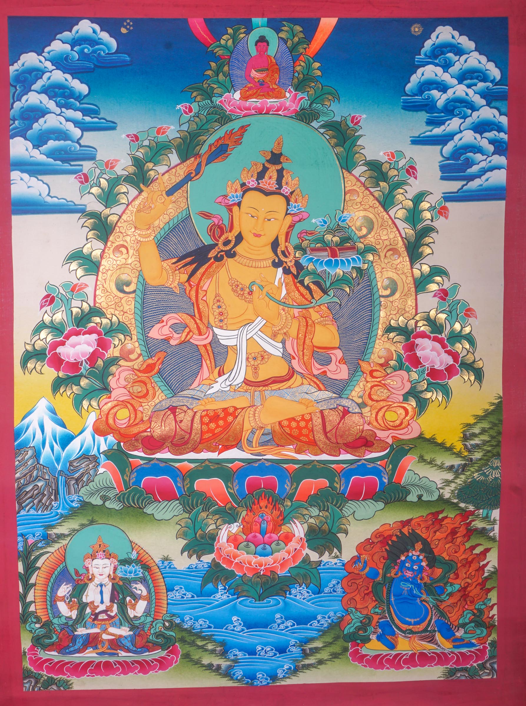 This handmade Manjushri Thangka Painting embodies the divine wisdom and beauty of Manjushri