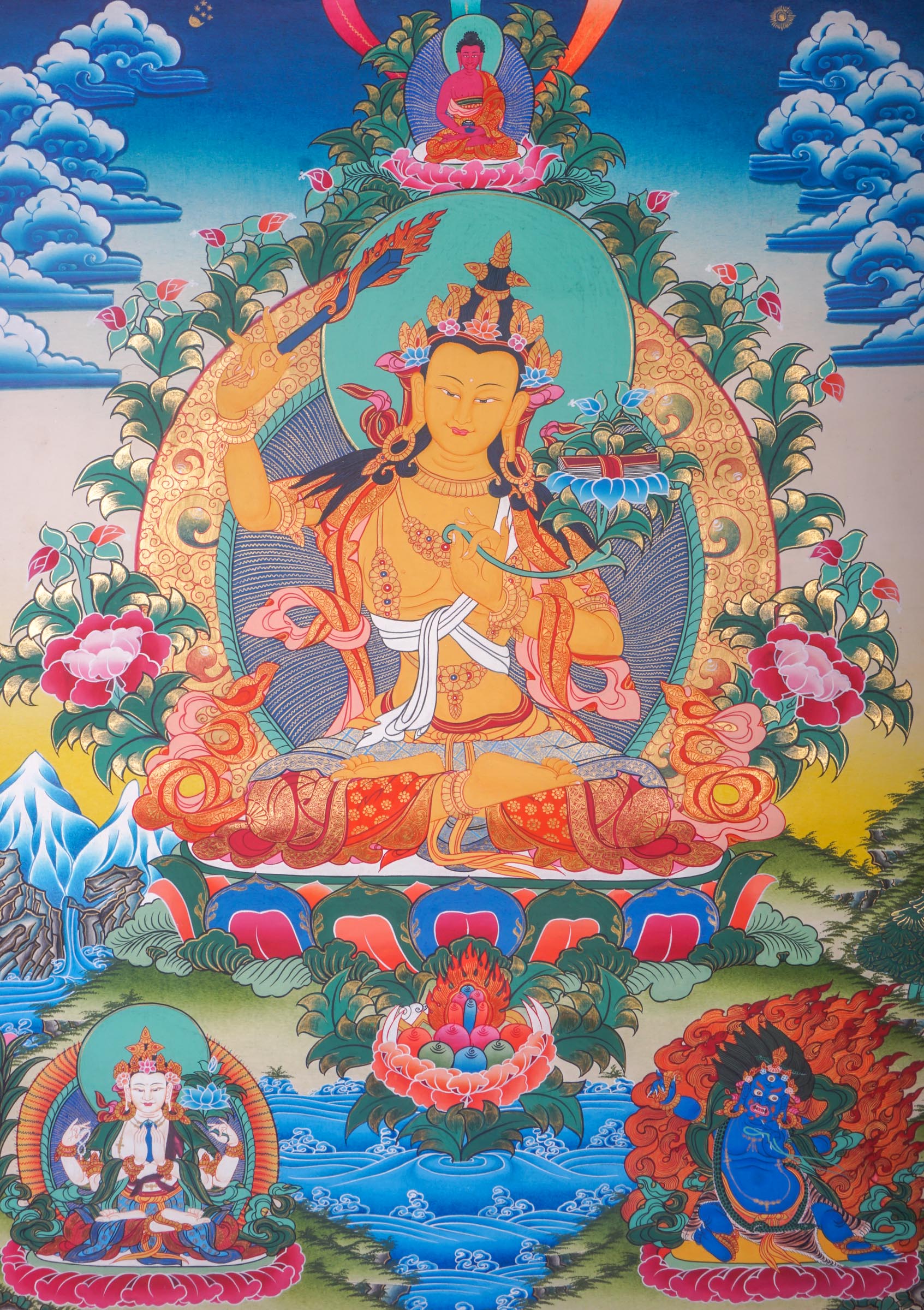 This handmade Manjushri Thangka Painting embodies the divine wisdom and beauty of Manjushri