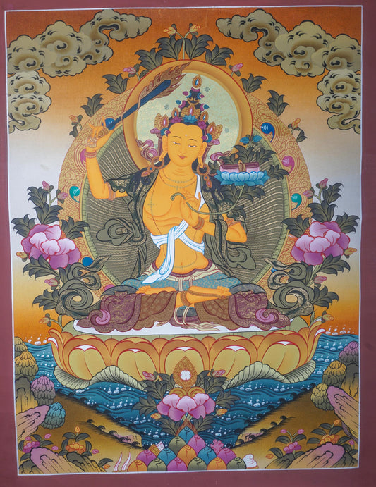 The Manjushri Thangka Painting showcases precision and vividness in the depiction of discernment and enlightenment.