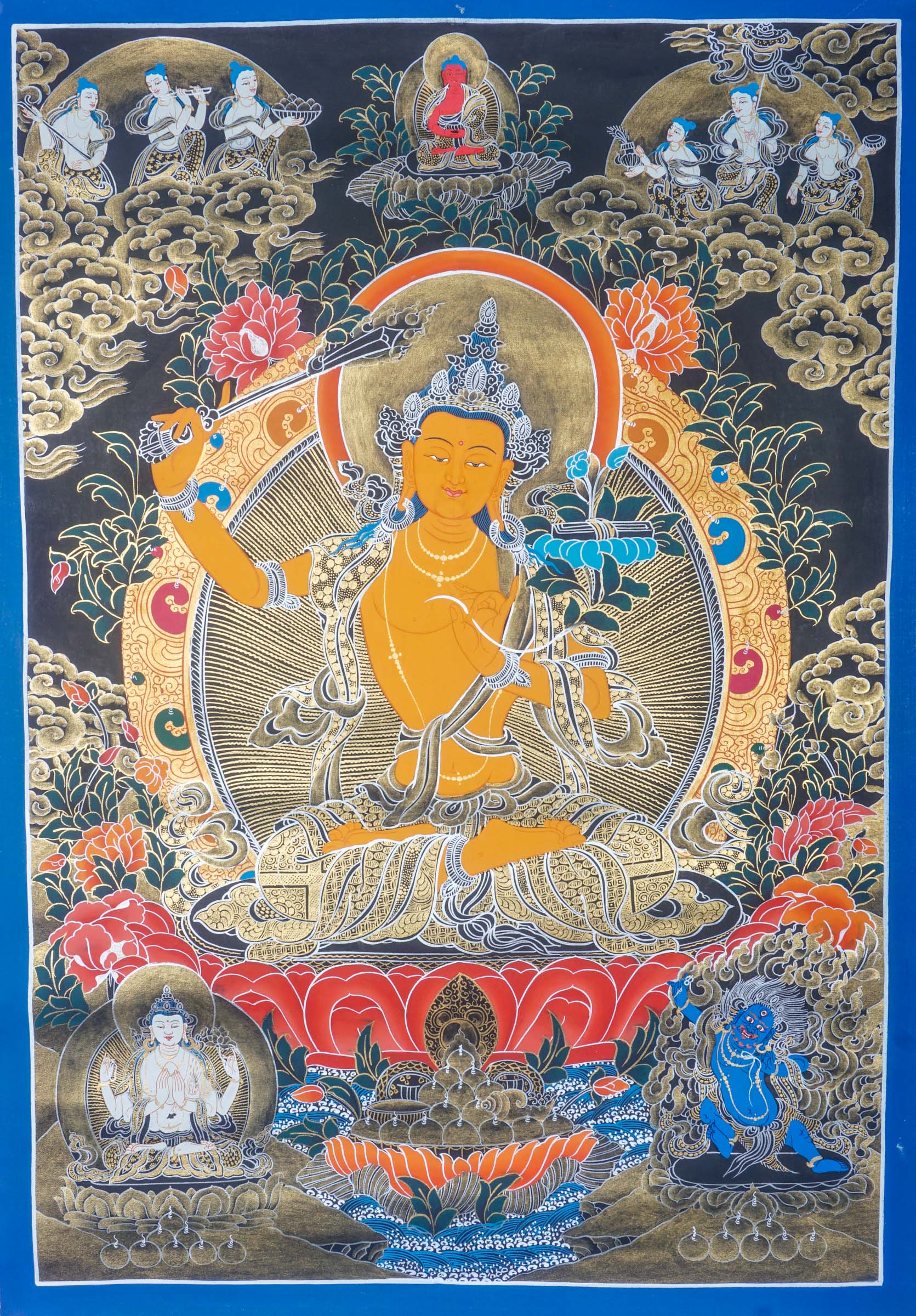 This handmade Manjushri Thangka Painting embodies the divine wisdom and beauty of Manjushri