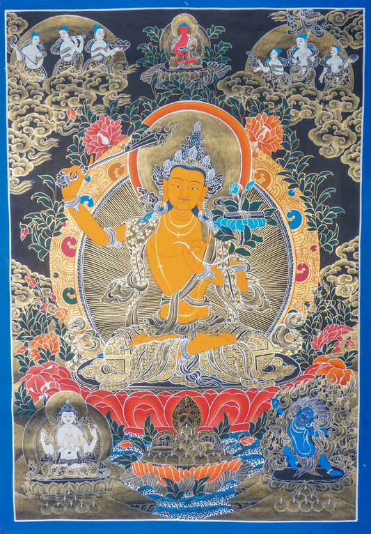 This handmade Manjushri Thangka Painting embodies the divine wisdom and beauty of Manjushri