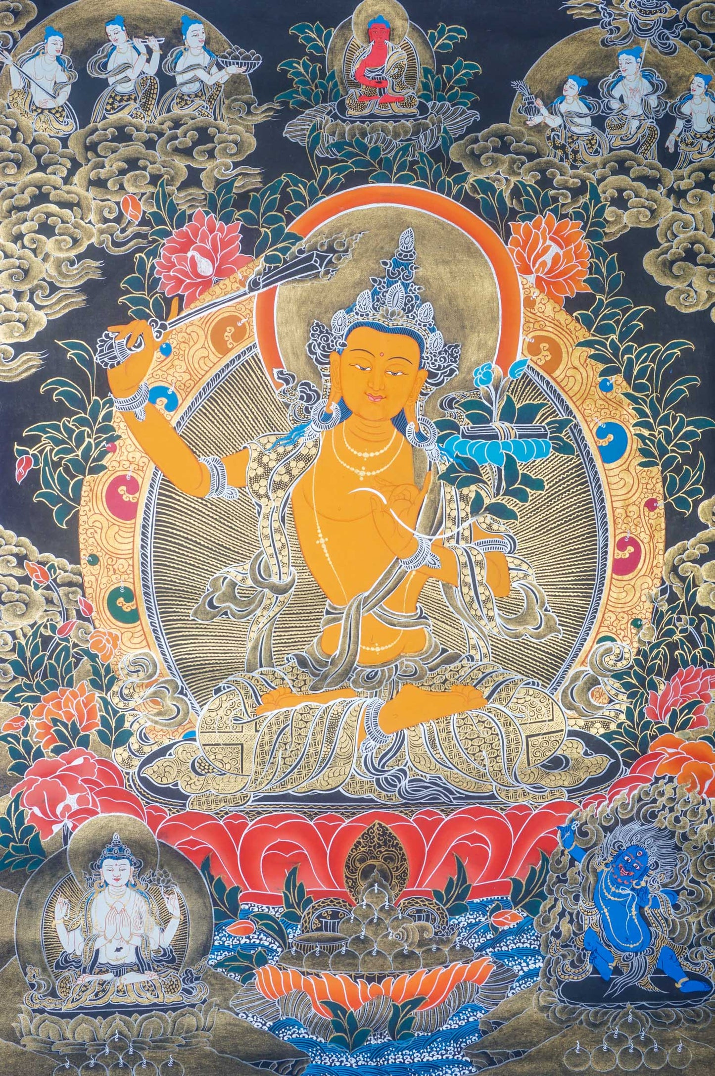 This handmade Manjushri Thangka Painting embodies the divine wisdom and beauty of Manjushri