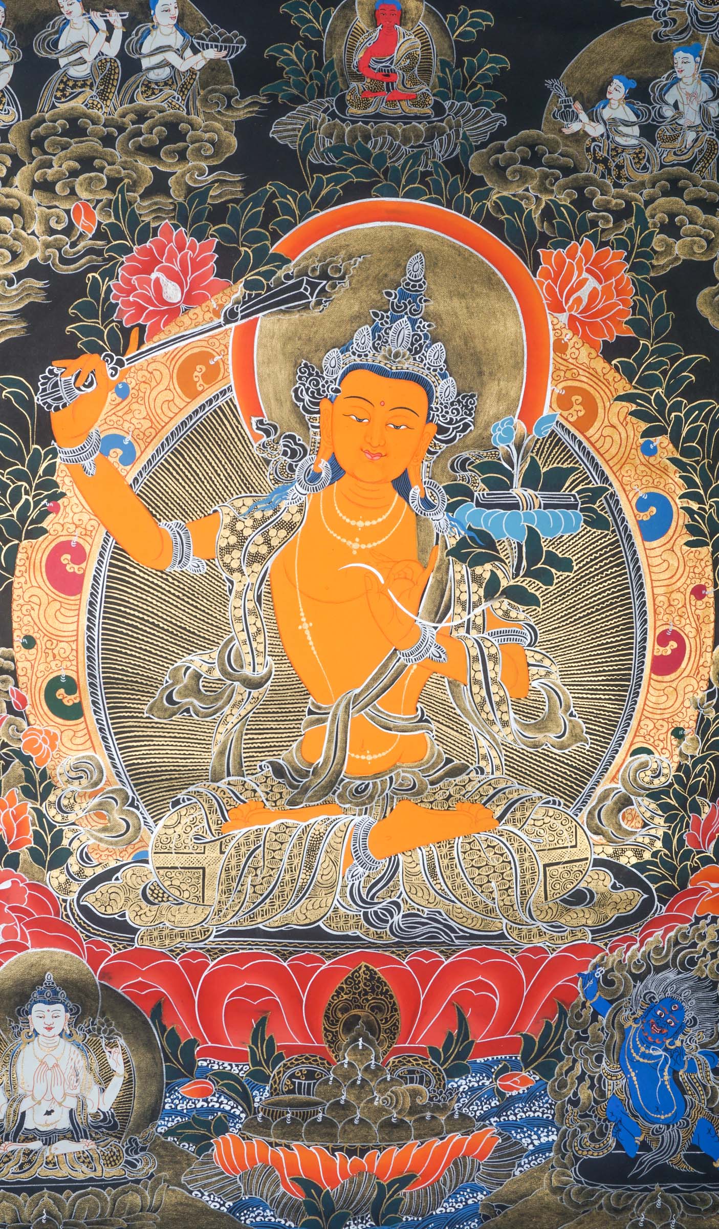 This handmade Manjushri Thangka Painting embodies the divine wisdom and beauty of Manjushri