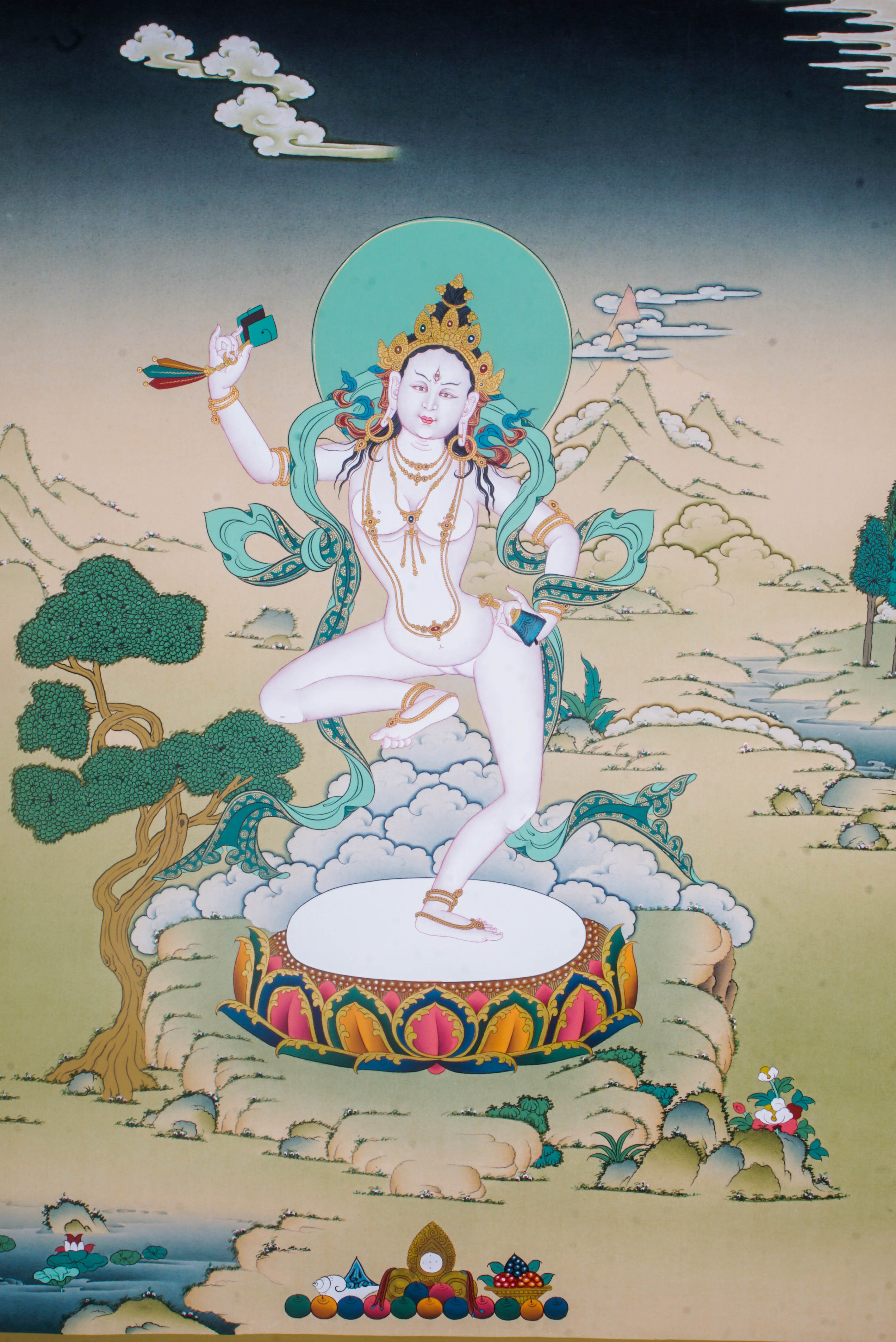 Machig Labdron Thangka is a genuine Tibetan Buddhist artwork that honors the great yogini known for founding the Chod practice. She represents wisdom, compassion, and the fearless path to spiritual liberation.