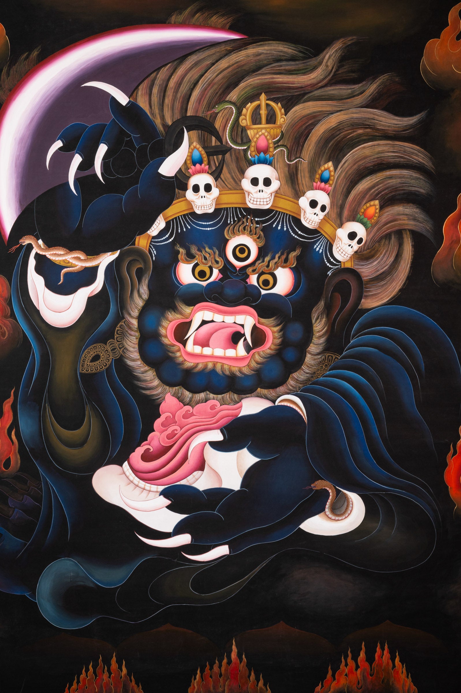 Short Kagyu Mahakala Thangka depicting the wrathful Dharma Protector Mahakala with raised curved chopper, skull crown, flaming hair, and blazing aura, embodying fierce compassion and protection in traditional hand-painted Tibetan Buddhist art.