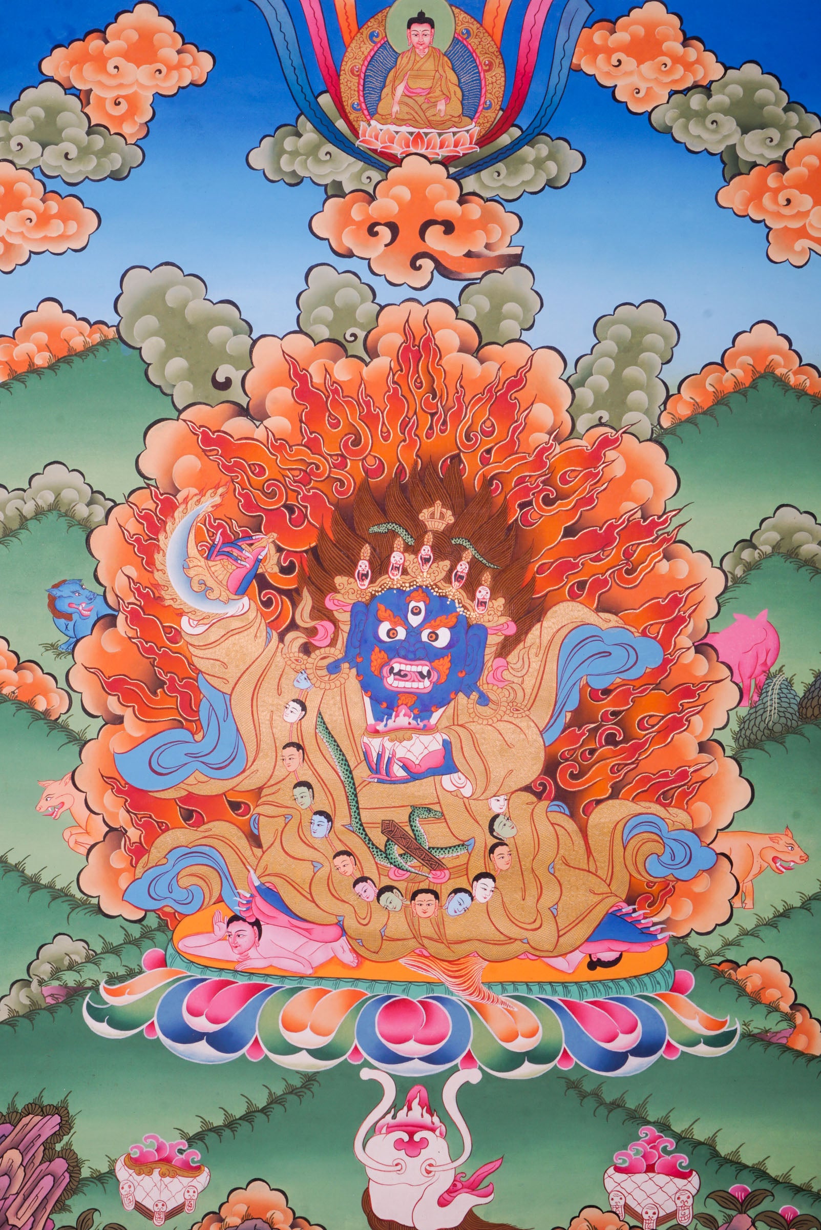 Meticulously hand-painted artwork of Mahakala Thangka also known as Dharmapala, the protector of the dharma. 