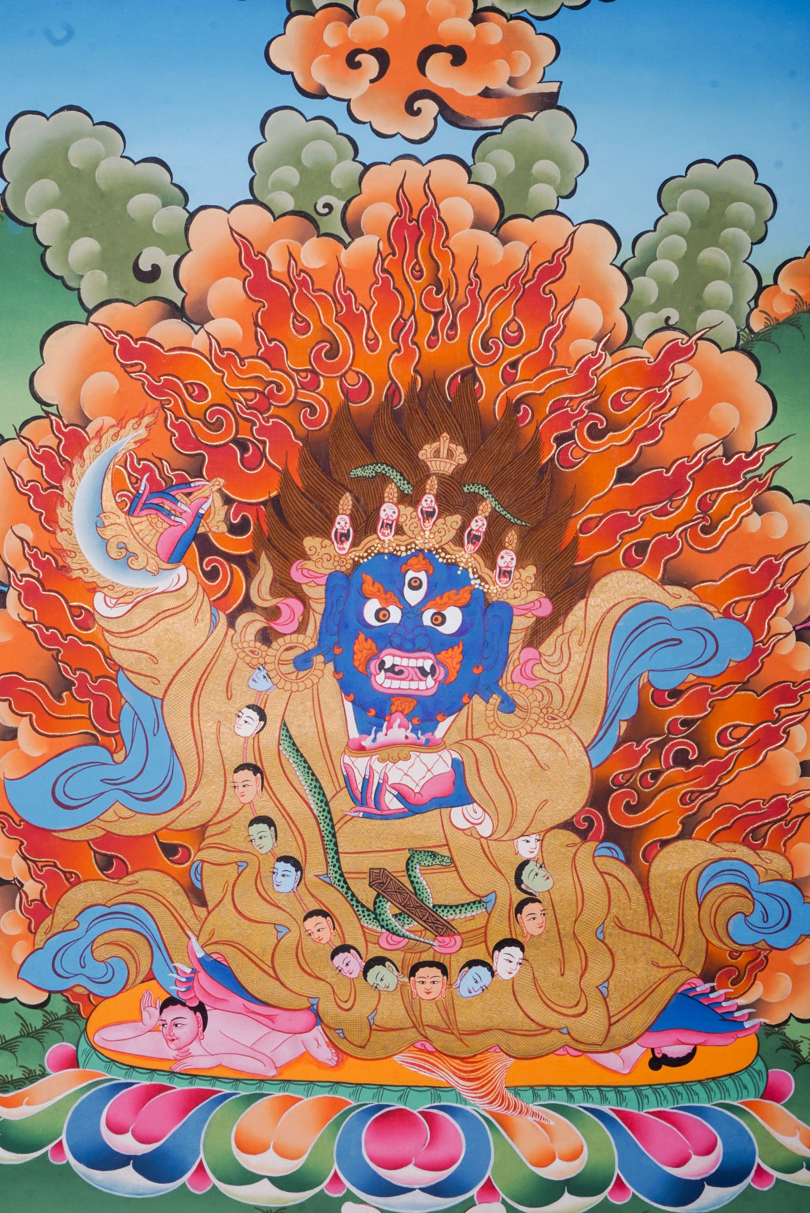 Meticulously hand-painted artwork of Mahakala Thangka also known as Dharmapala, the protector of the dharma. 