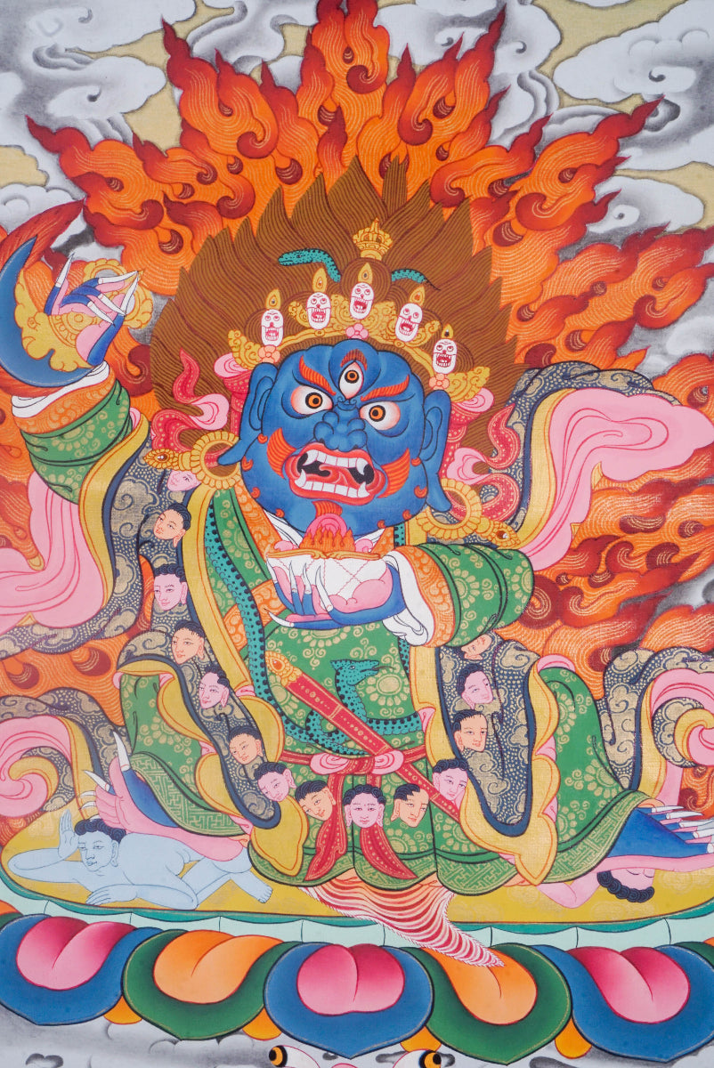 Mahakala is a fierce protector in Tibetan Buddhism, known for removing obstacles and safeguarding the Dharma. This vibrant Thangka painting captures his powerful presence with traditional artistry, making it a striking focal point for meditation and spiritual protection.