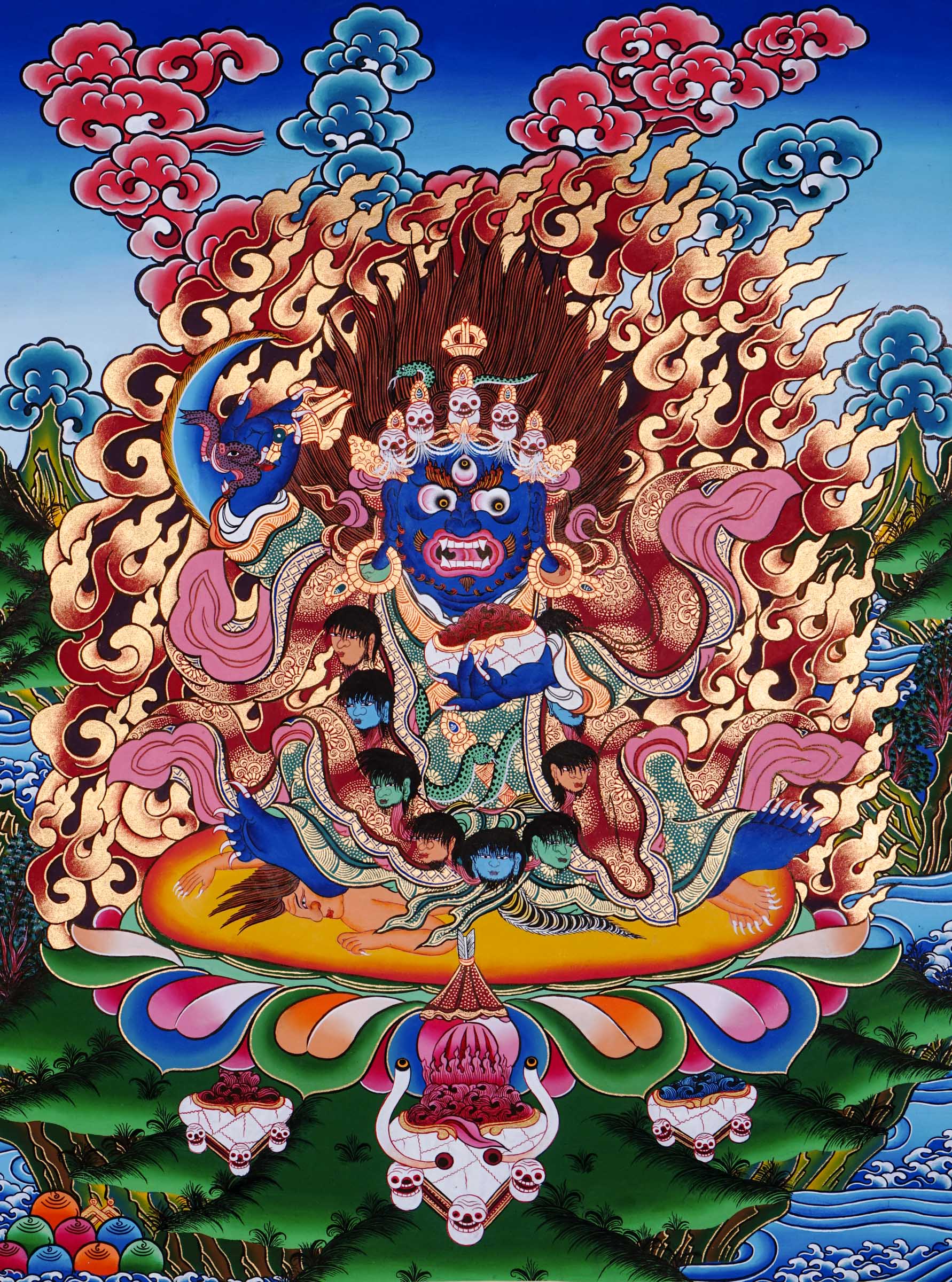 Hand-painted Mahākāla thangka from Kathmandu, Nepal depicting the wrathful protector deity with dark blue body, skull crown of five skulls, garland of severed heads, holding skull cup and curved knife, surrounded by red flames in traditional Tibetan Vajrayana style.