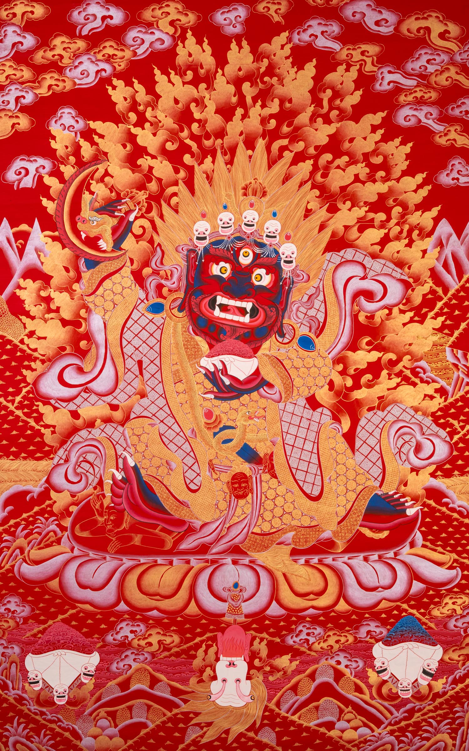 Red Mahakala Tibetan Thangka – Wrathful Deity of Kagyu Tradition