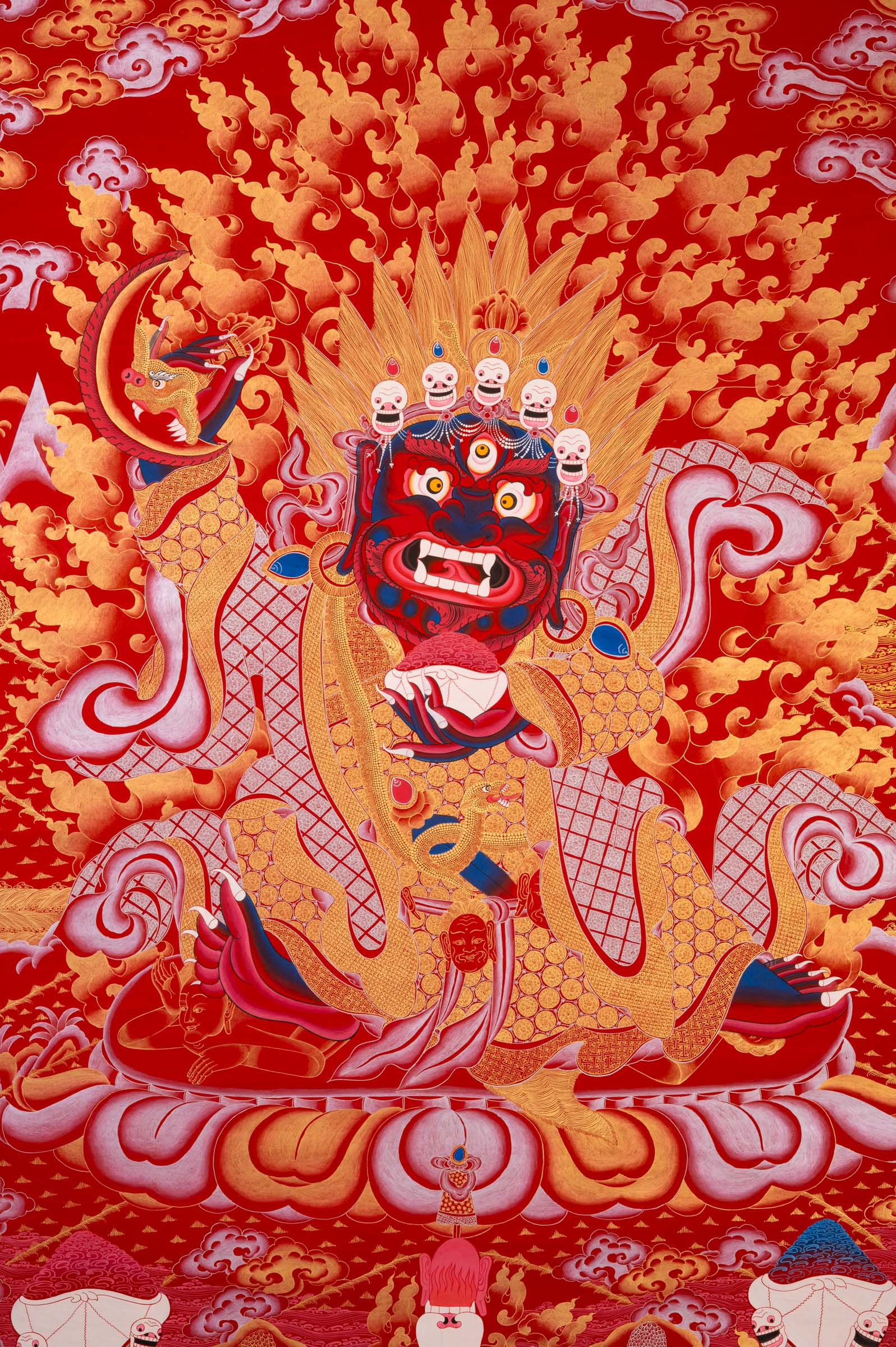 Red Mahakala Tibetan Thangka – Wrathful Deity of Kagyu Tradition
