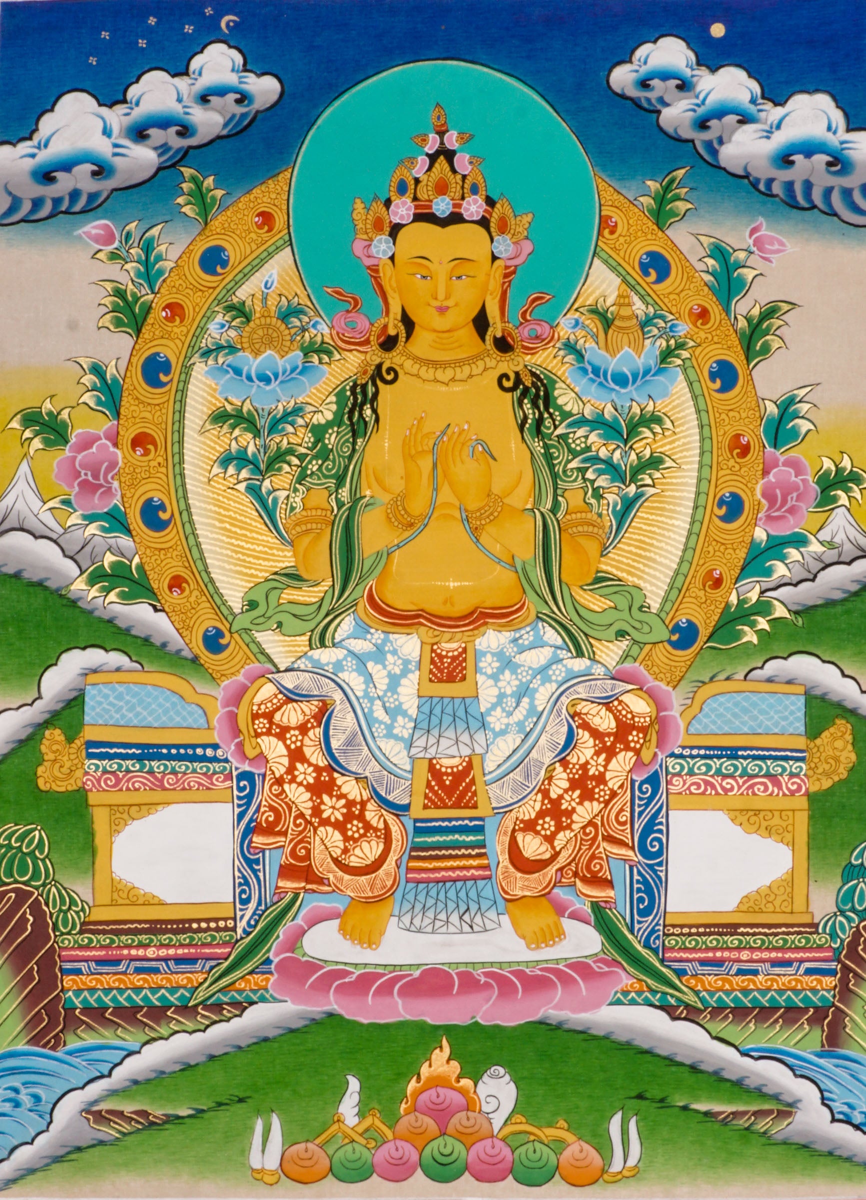 A sacred hand-painted Tibetan Buddhist artwork honoring Maitreya, the Buddha who will come in the future.
