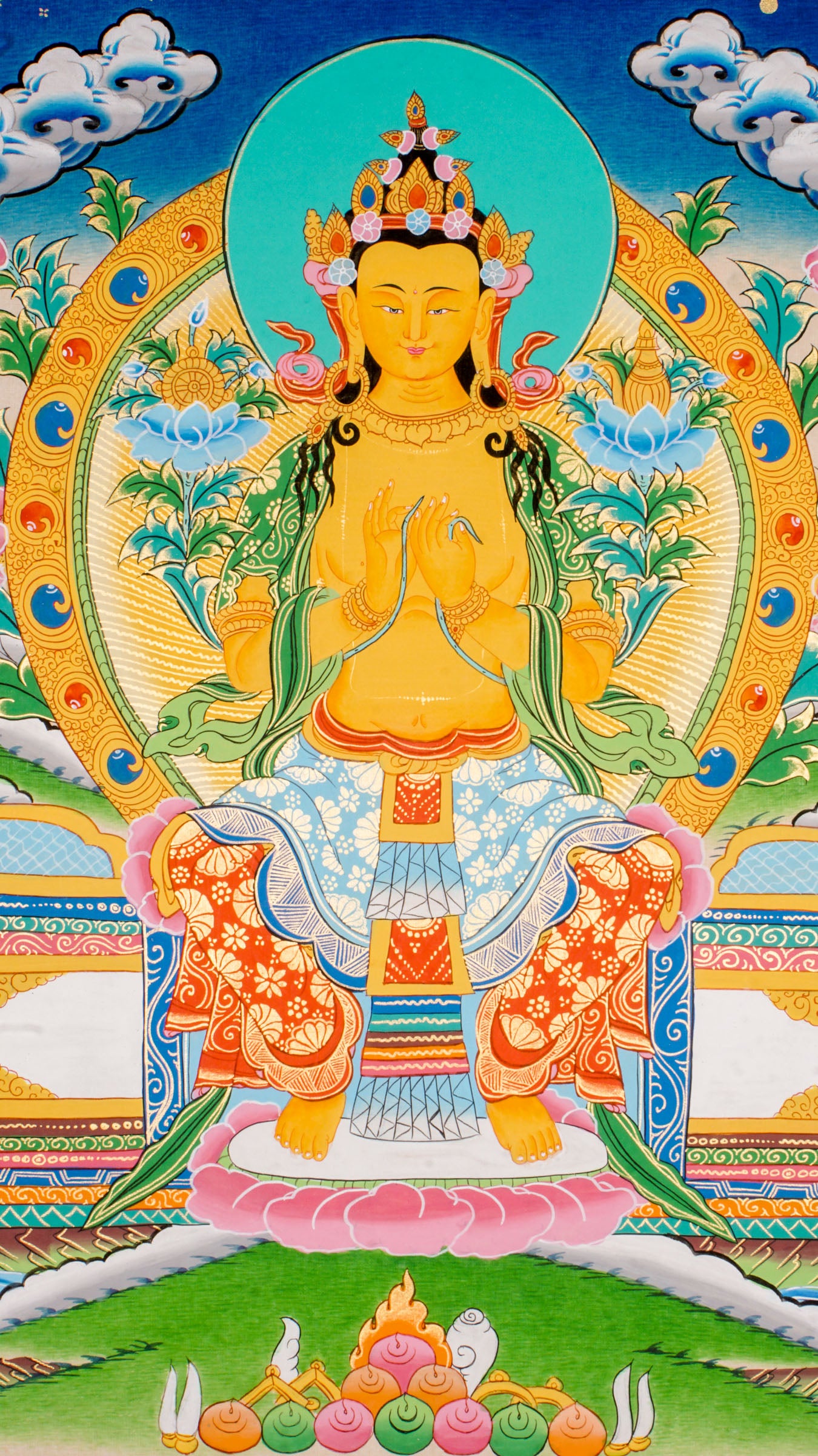 A sacred hand-painted Tibetan Buddhist artwork honoring Maitreya, the Buddha who will come in the future.