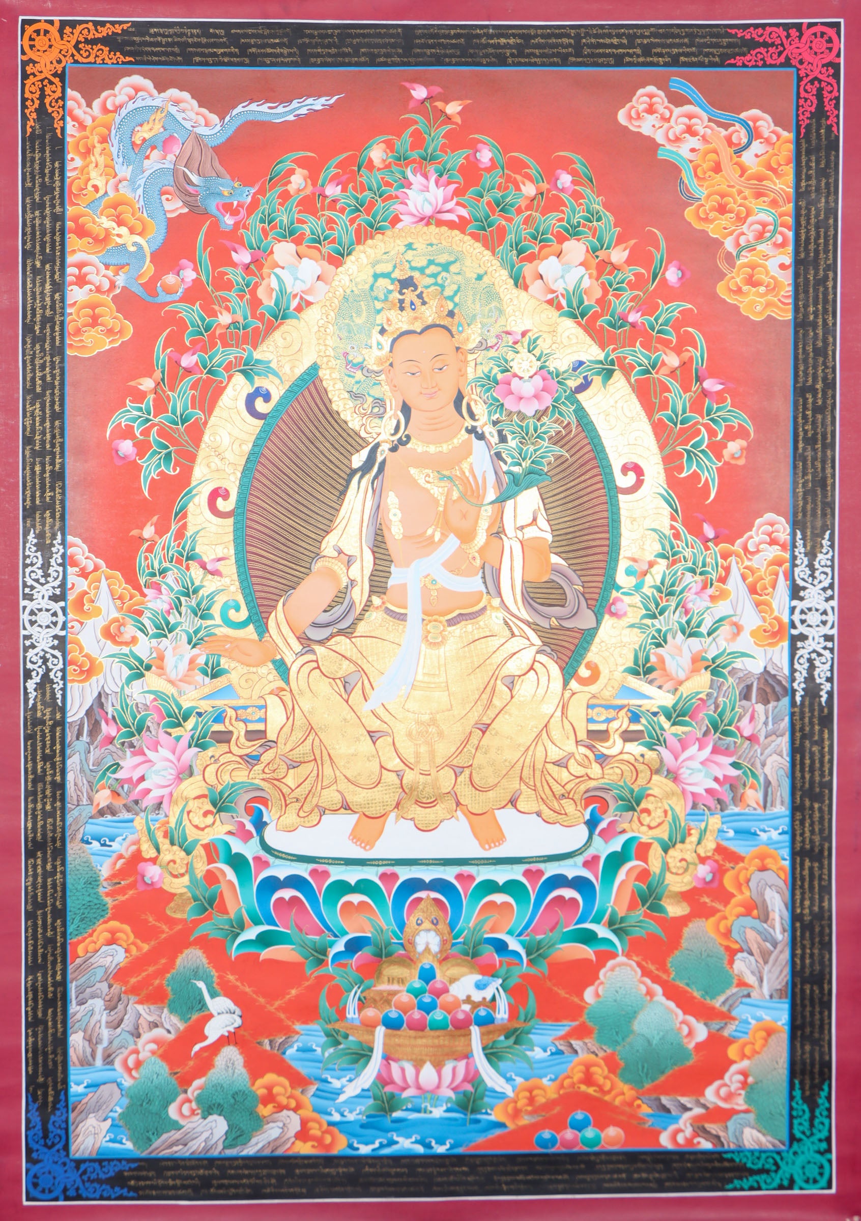Maitreya Buddha, the Future Buddha and symbol of universal love and compassion, is believed to bring enlightenment and peace to the world in times to come. This genuine hand-painted Maitreya Thangka, crafted using natural mineral pigments, radiates serenity and spiritual hope, making it a powerful addition to your meditation space or altar.