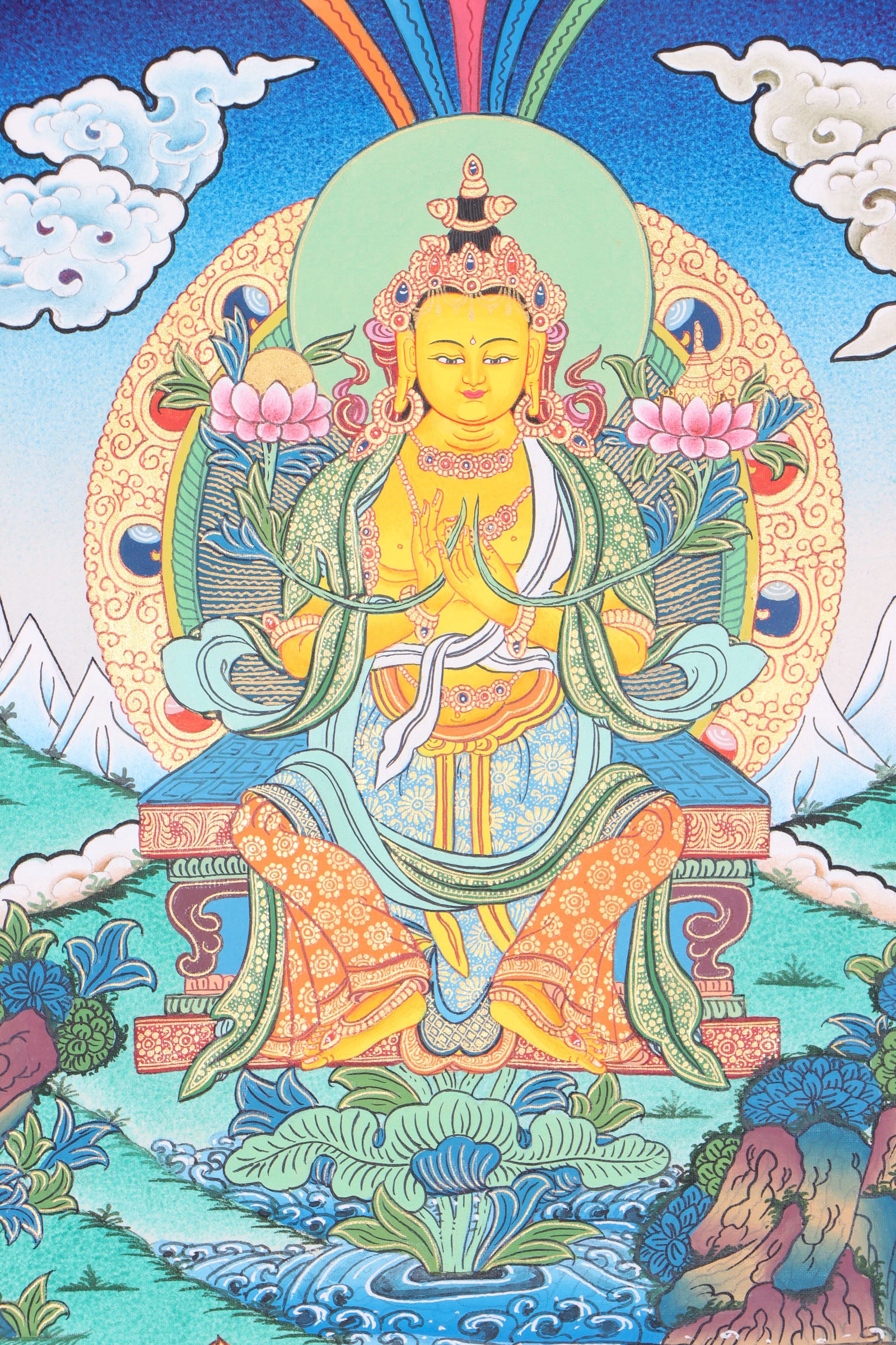This magnificent Thangka painting of Maitreya Buddha is a spiritual artwork that enhances the spiritual ambience  in a home altar or meditation room. 