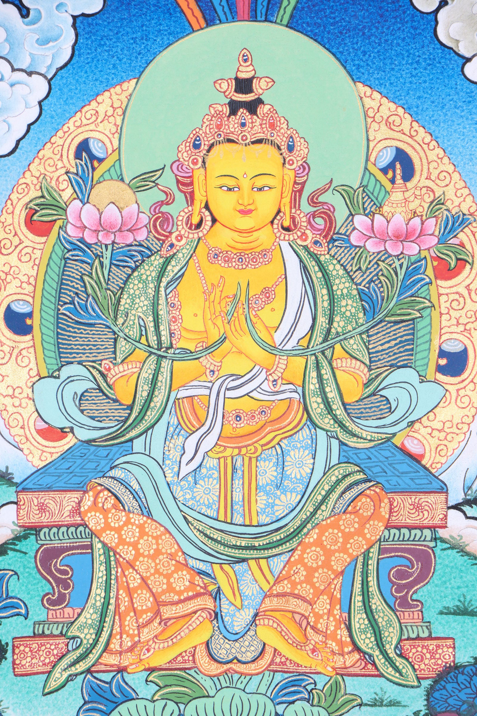This magnificent Thangka painting of Maitreya Buddha is a spiritual artwork that enhances the spiritual ambience  in a home altar or meditation room. 