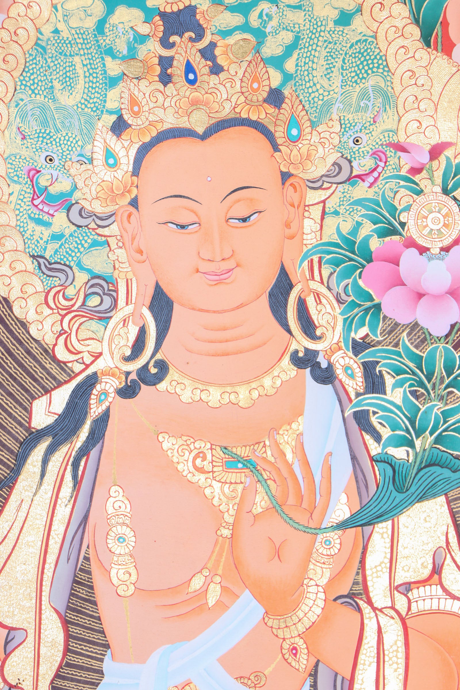 Maitreya Buddha, the Future Buddha and symbol of universal love and compassion, is believed to bring enlightenment and peace to the world in times to come. This genuine hand-painted Maitreya Thangka, crafted using natural mineral pigments, radiates serenity and spiritual hope, making it a powerful addition to your meditation space or altar.