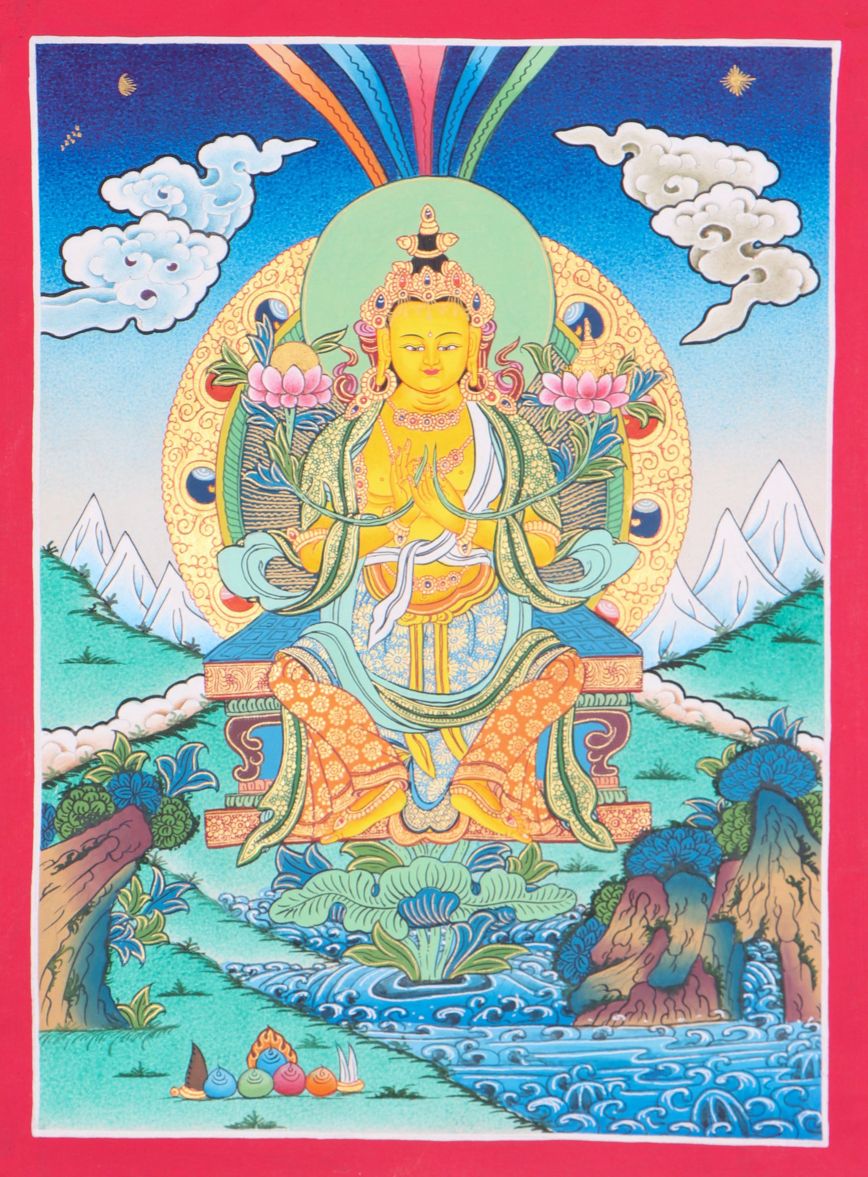 This magnificent Thangka painting of Maitreya Buddha is a spiritual artwork that enhances the spiritual ambience  in a home altar or meditation room. 