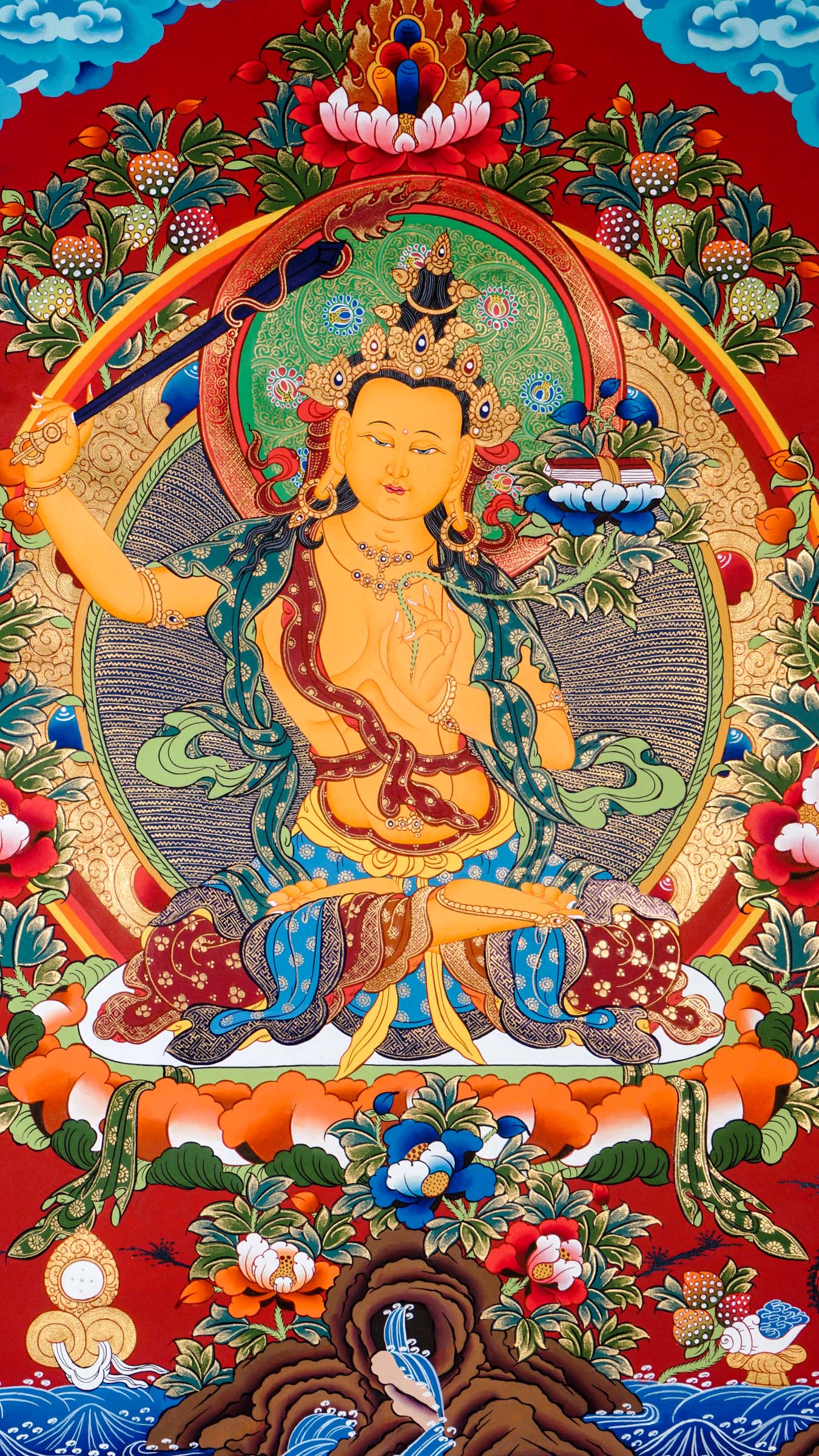 Tibetan thangka of Manjushree seated on a lotus throne holding a flaming sword and Prajnaparamita sutra, surrounded by a radiant halo and serene background.