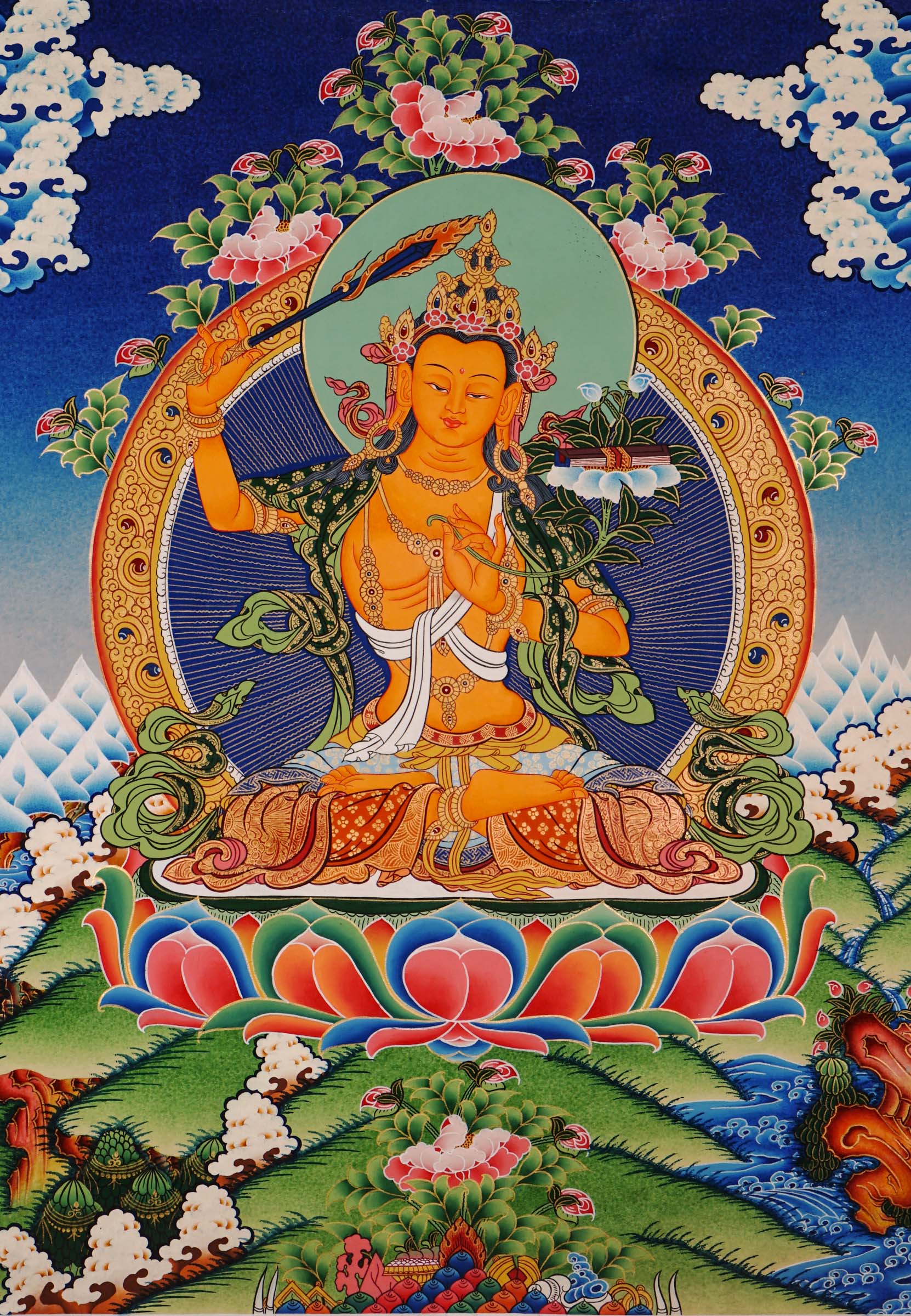 Traditional Manjushree Thangka from Nepal, hand-painted with 24K gold, showing the Bodhisattva of Wisdom seated on a lotus throne with floral motifs in the background.
