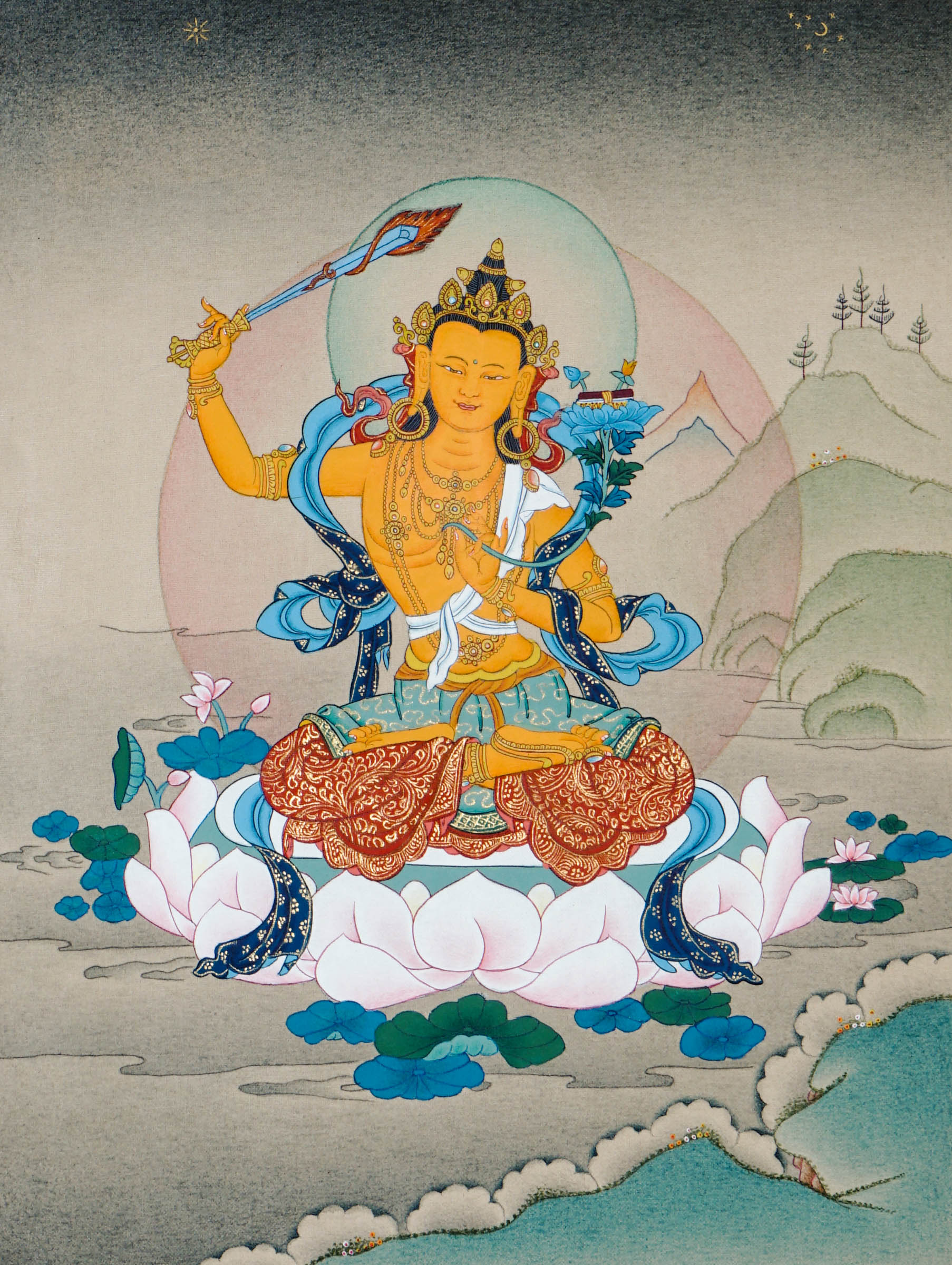Tibetan thangka of Manjushri, the Bodhisattva of Wisdom, holding a flaming sword and lotus with a sutra, seated on a lotus throne with a serene background.