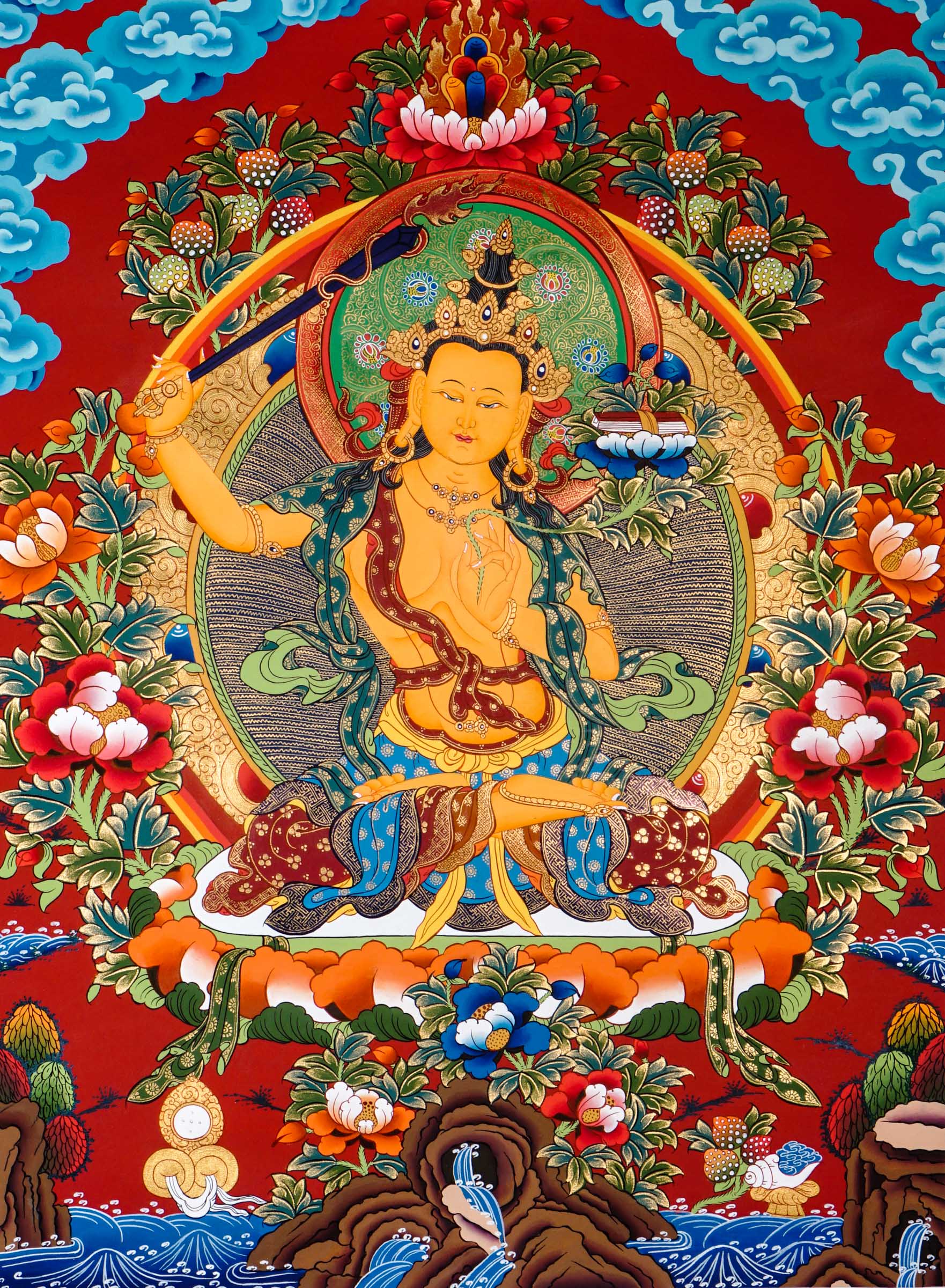 Tibetan thangka of Manjushree seated on a lotus throne holding a flaming sword and Prajnaparamita sutra, surrounded by a radiant halo and serene background.
