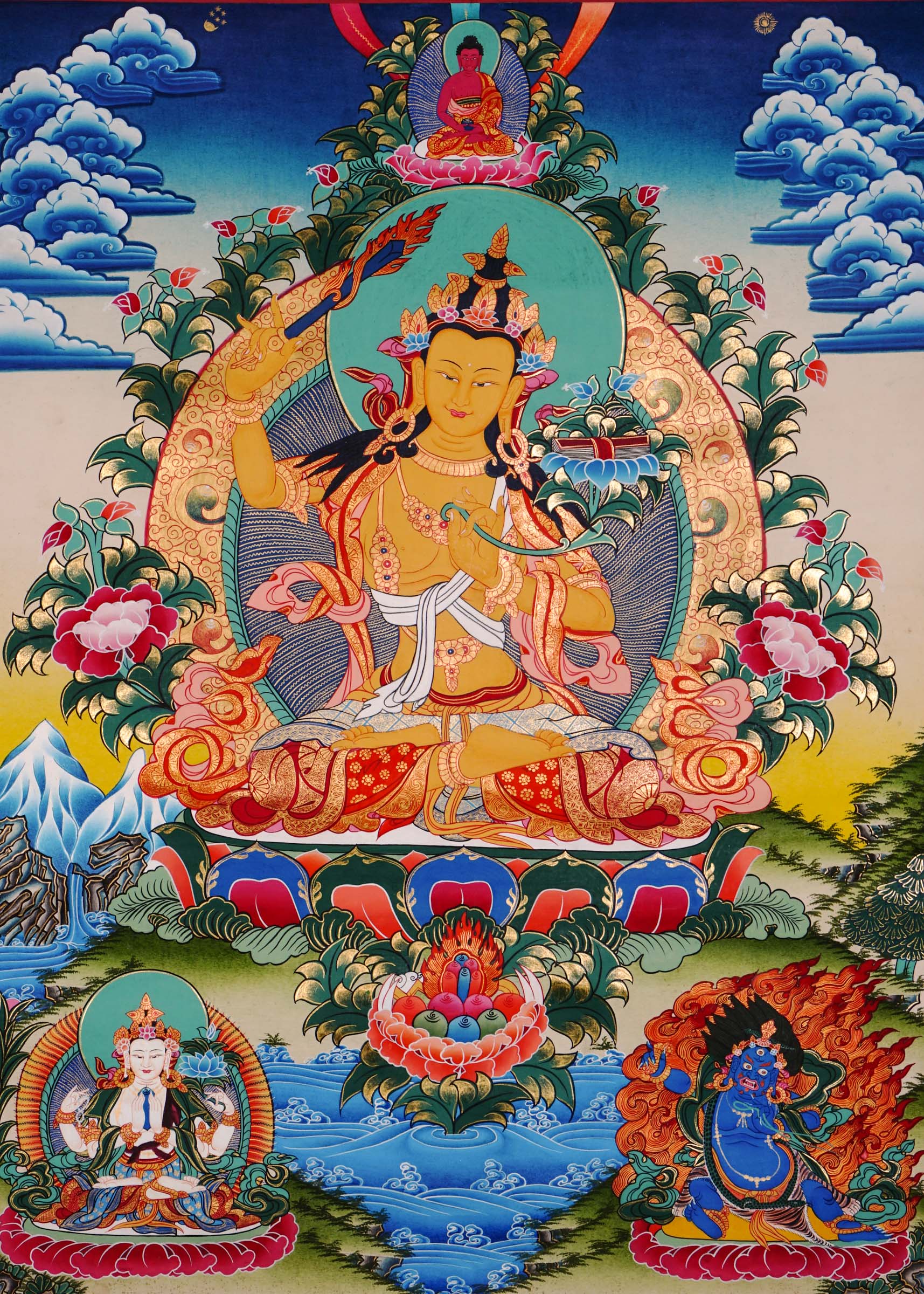 Manjushree Thangka from Nepal hand-painted with 24k gold, symbolizing wisdom, clarity, and enlightened knowledge.