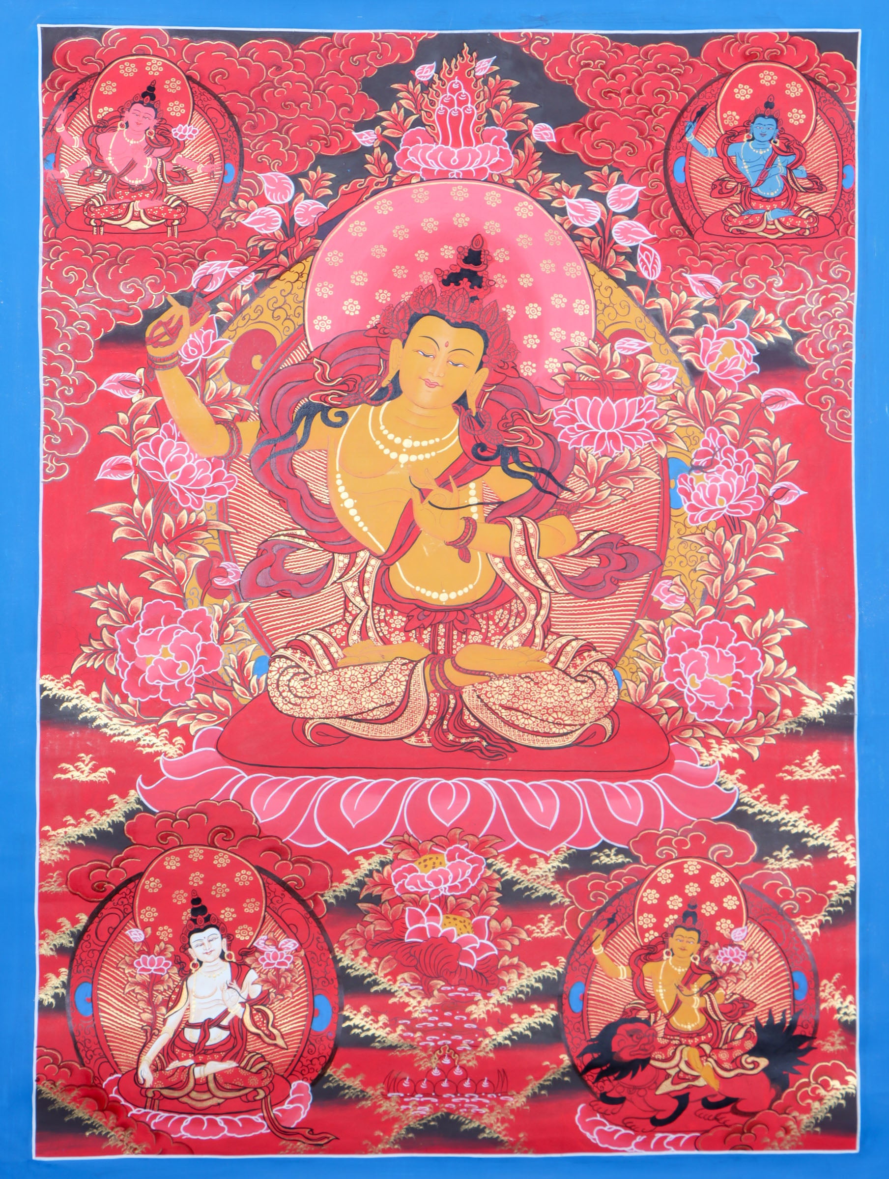 This hand-painted Tibetan Thangka of Manjushri is a decorative artwork