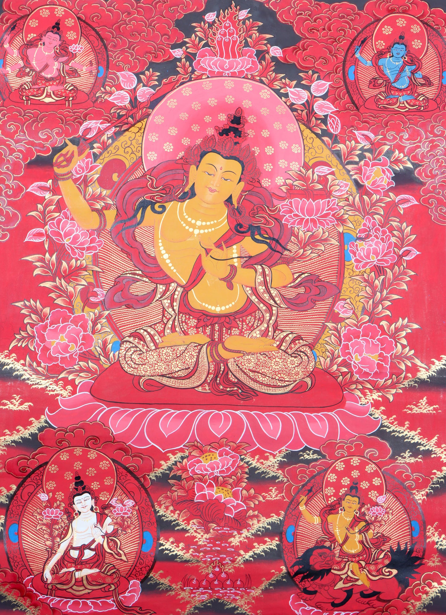 This hand-painted Tibetan Thangka of Manjushri is a decorative artwork