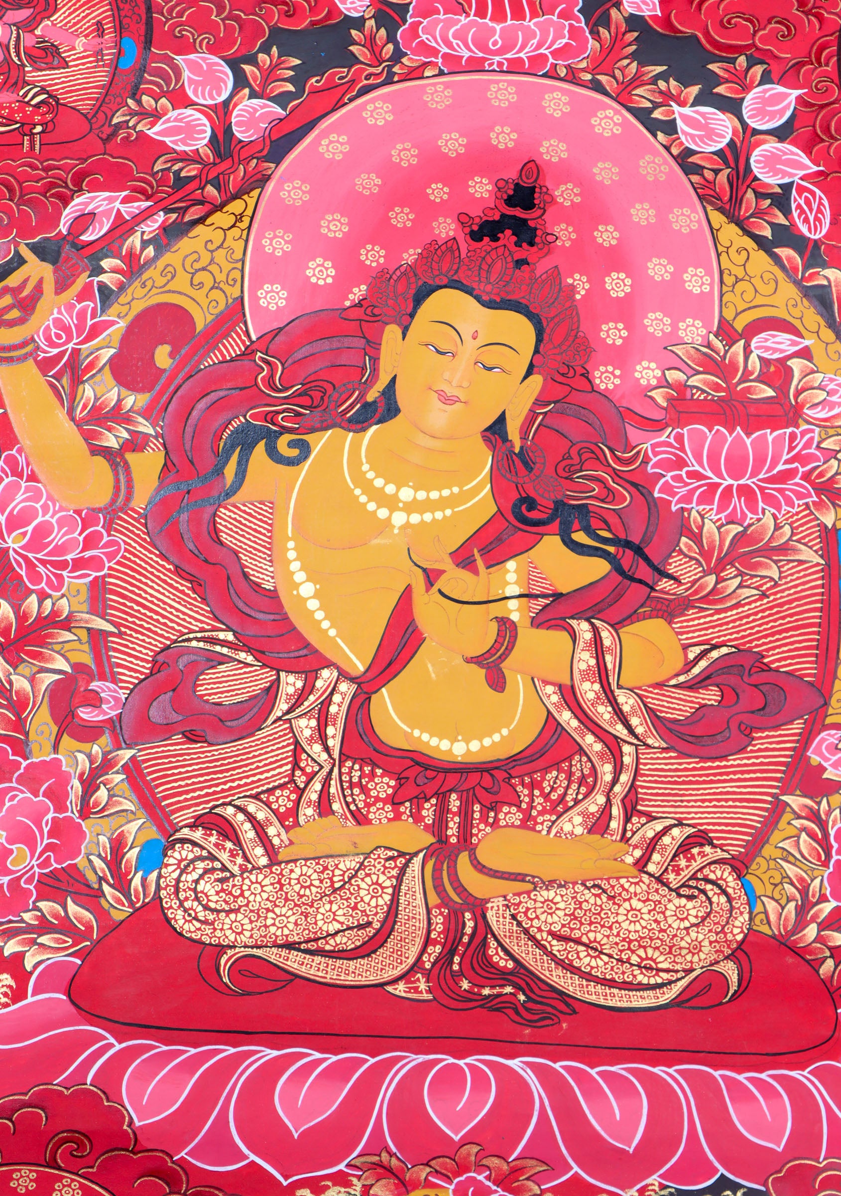 This hand-painted Tibetan Thangka of Manjushri is a decorative artwork