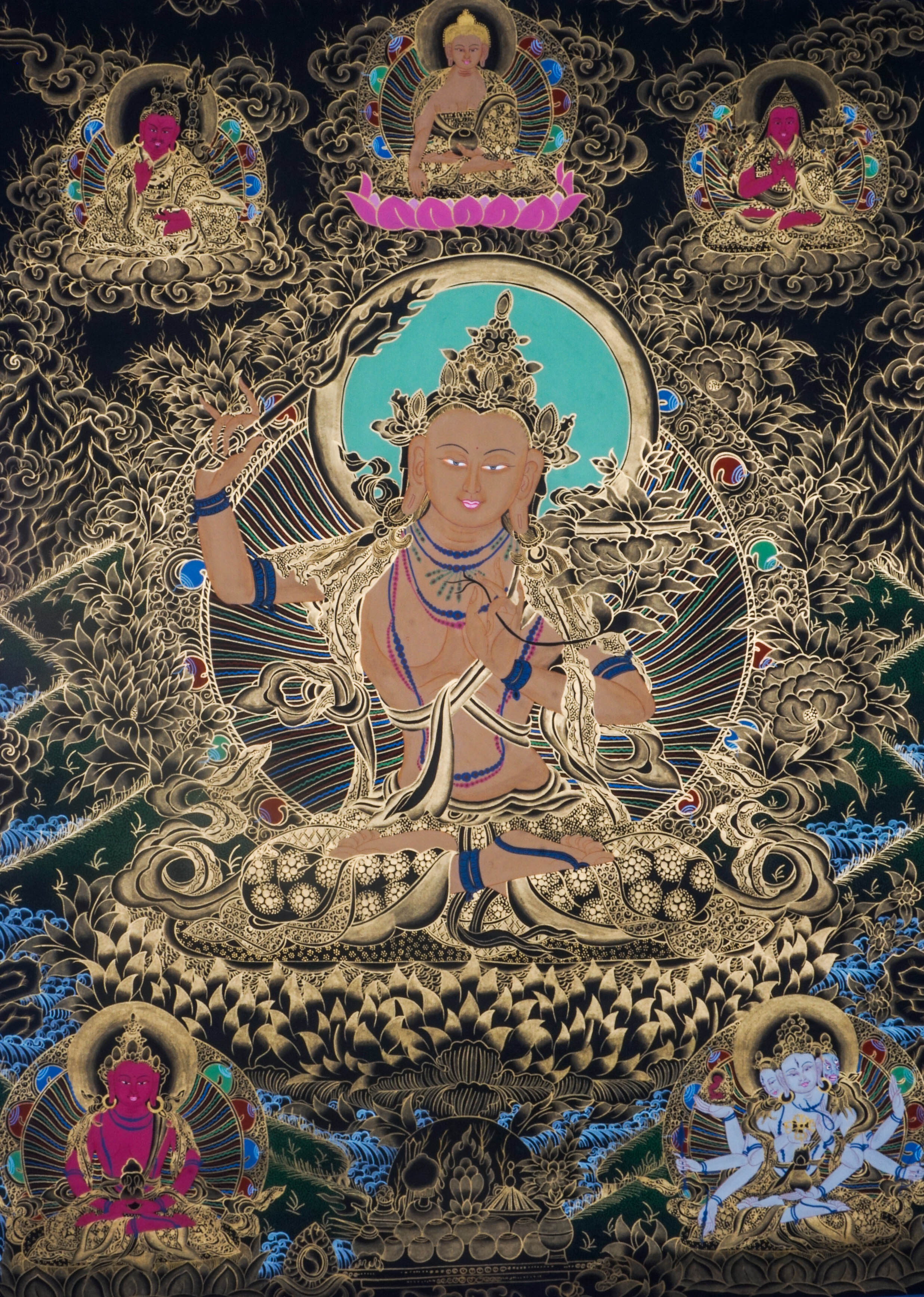 Manjushri Thangka depicts the Bodhisattva of Wisdom, holding a sword to cut ignorance and a scripture symbolizing Dharma knowledge. Hand-painted by skilled Tibetan artists using natural pigments, this sacred artwork inspires clarity, insight, and spiritual growth.