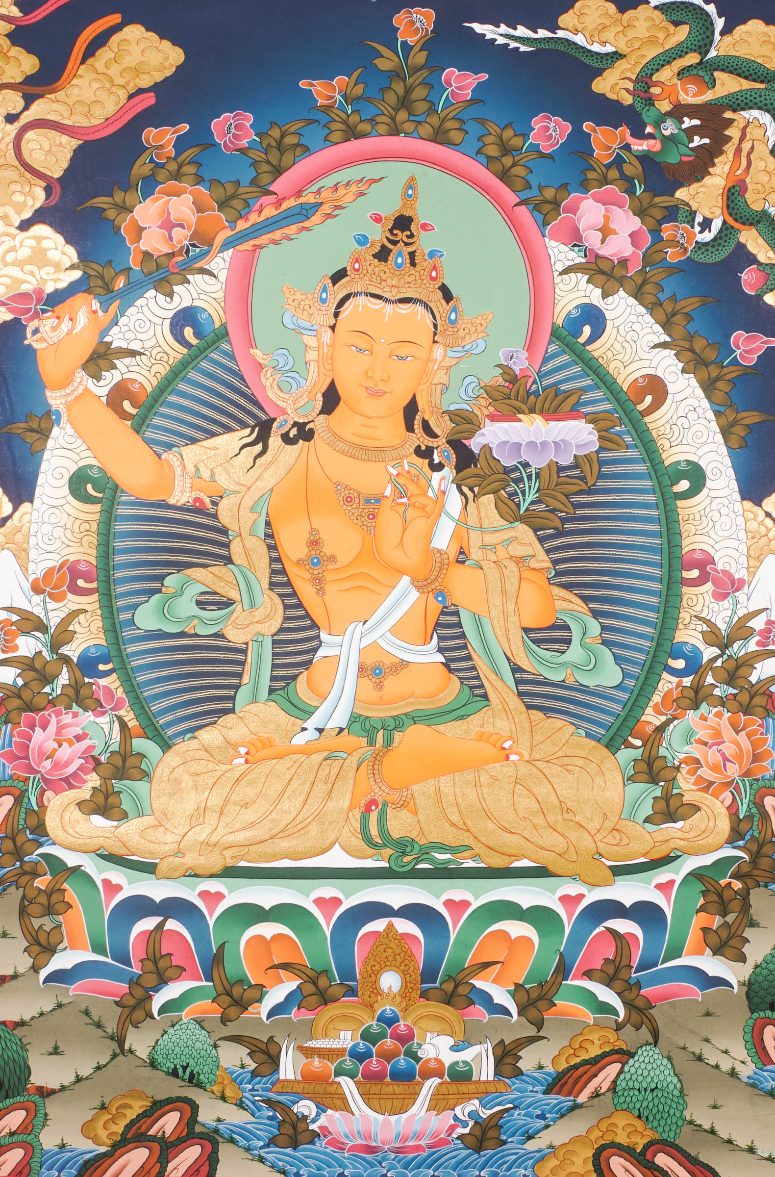 The Manjushree Thangka depicting the Bodhisattva of Wisdom seated on a lotus, holding a sword and a scripture.