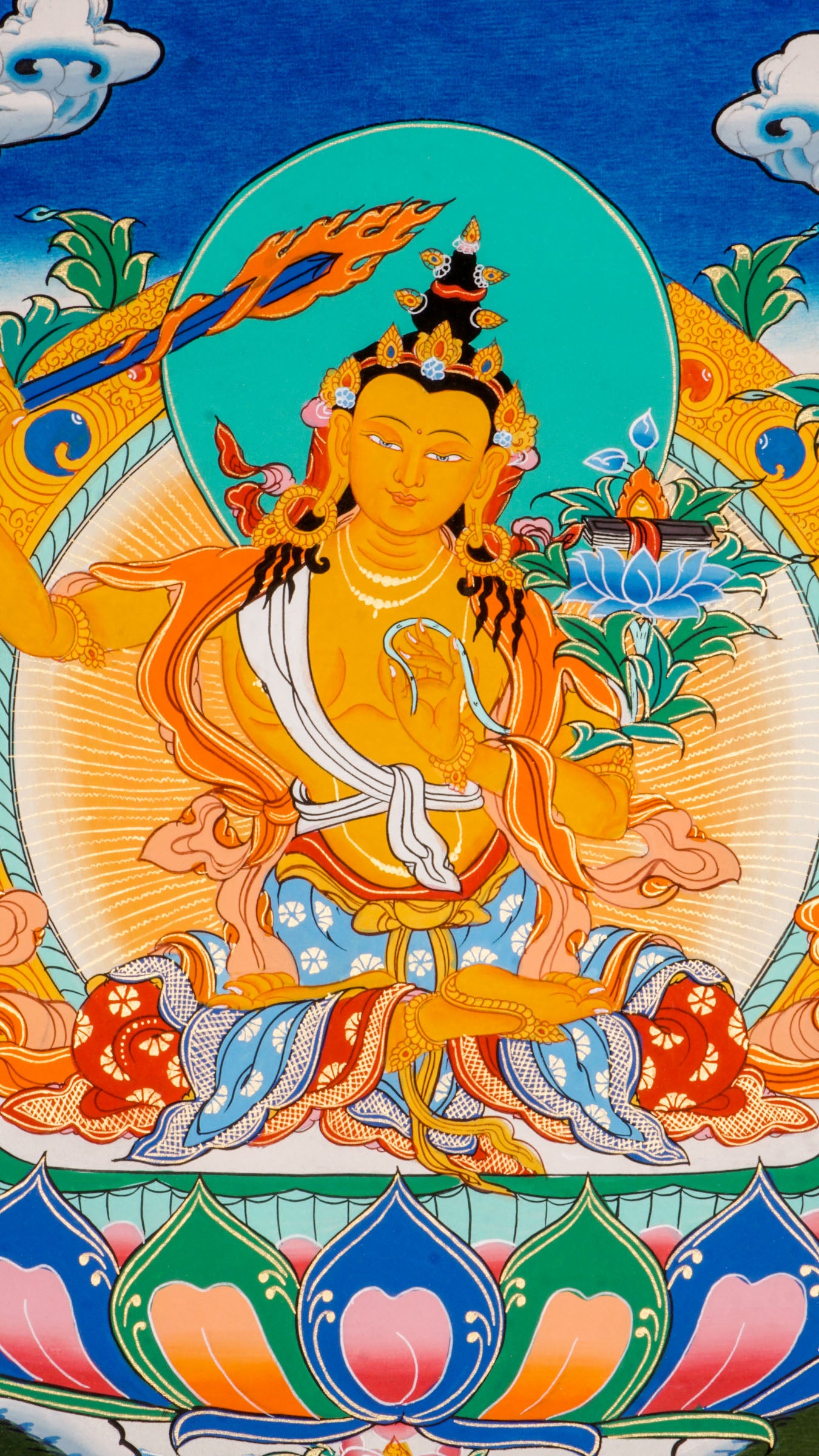 Manjushree Thangka - Hand-painted beautiful thangka art showcasing Manjushree holding a flaming sword using 24k gold and natural pigments in Nepal.