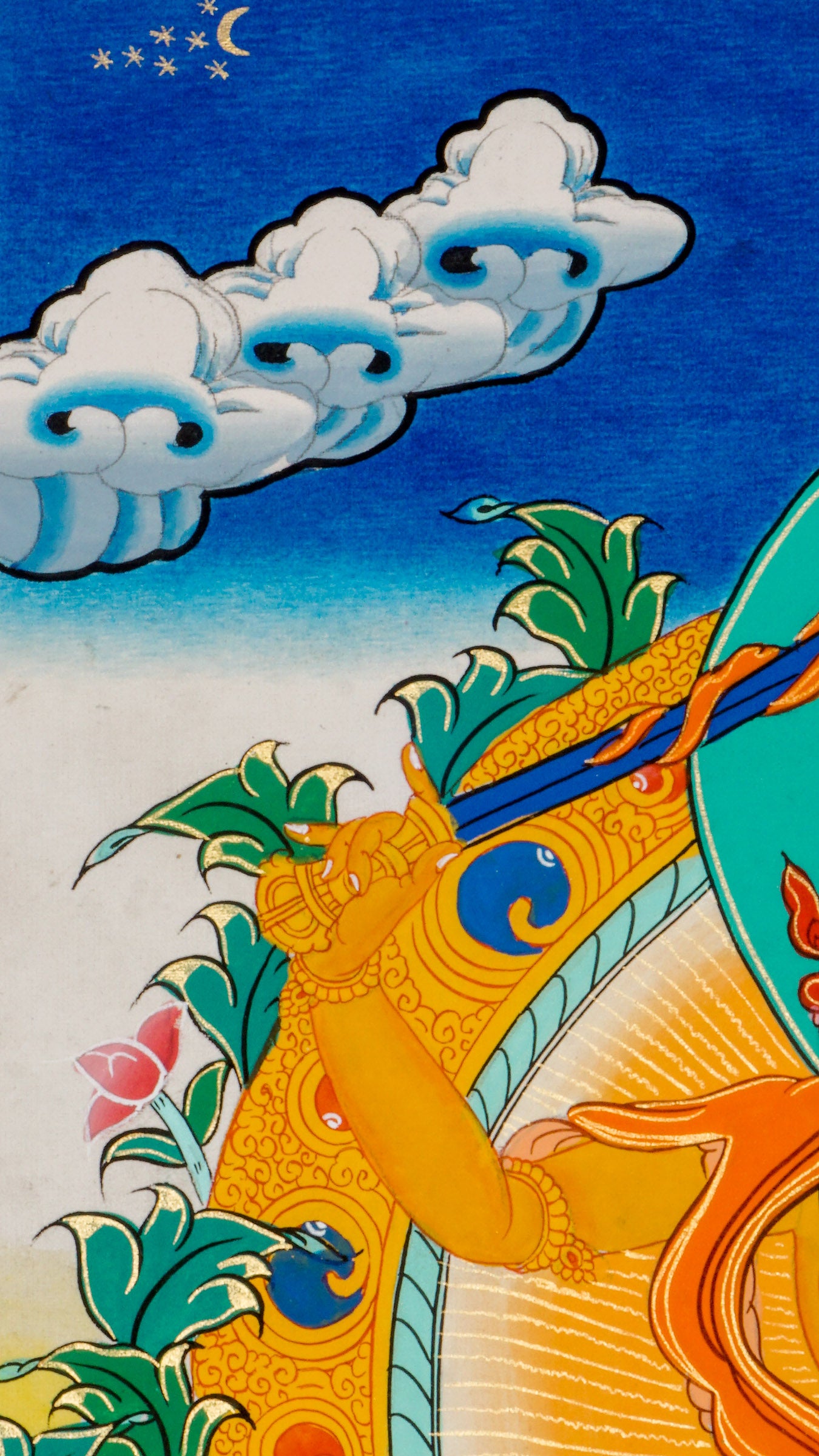Manjushree Thangka - Hand-painted beautiful thangka art showcasing Manjushree holding a flaming sword using 24k gold and natural pigments in Nepal.