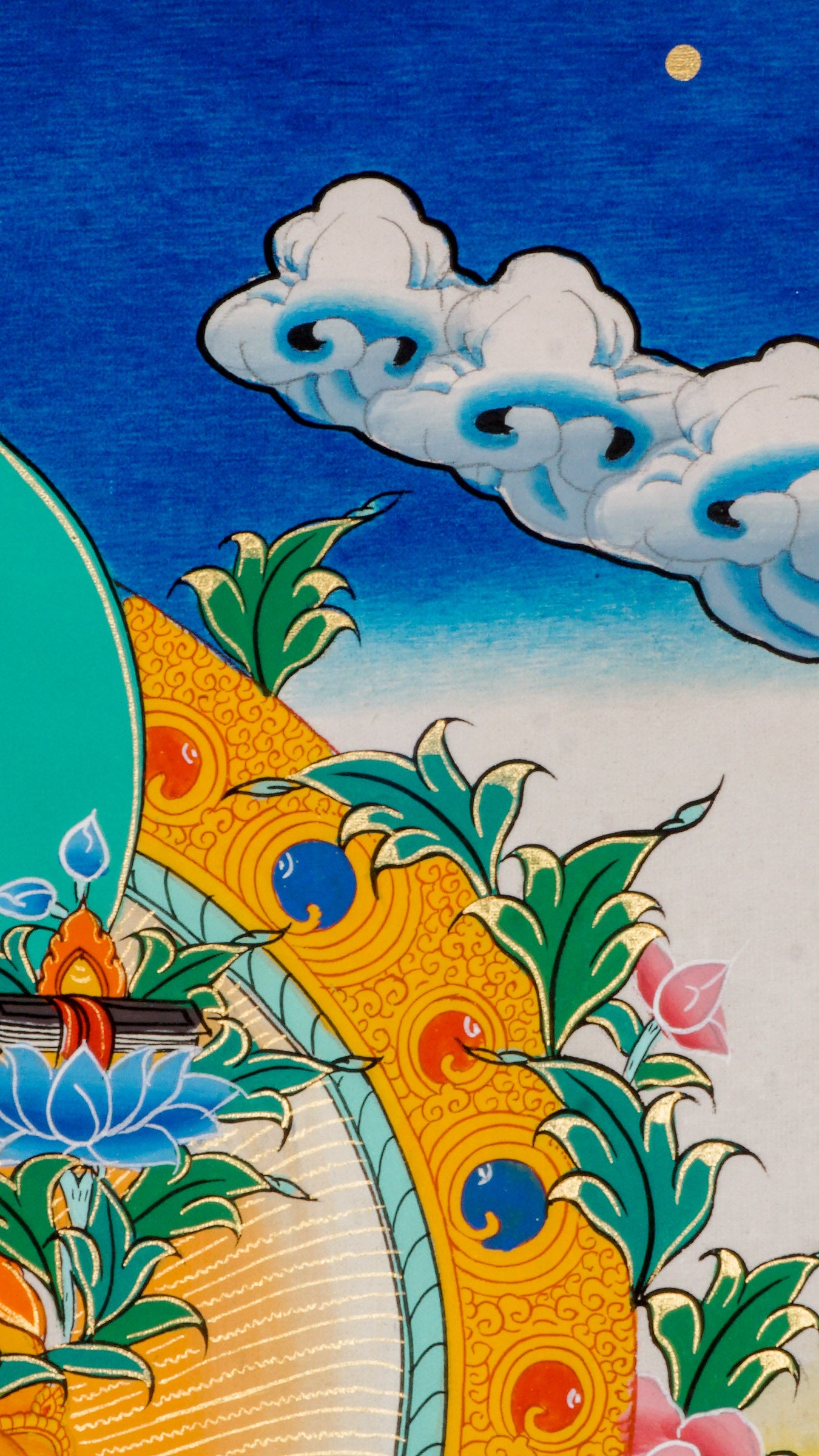 Manjushree Thangka - Hand-painted beautiful thangka art showcasing Manjushree holding a flaming sword using 24k gold and natural pigments in Nepal.